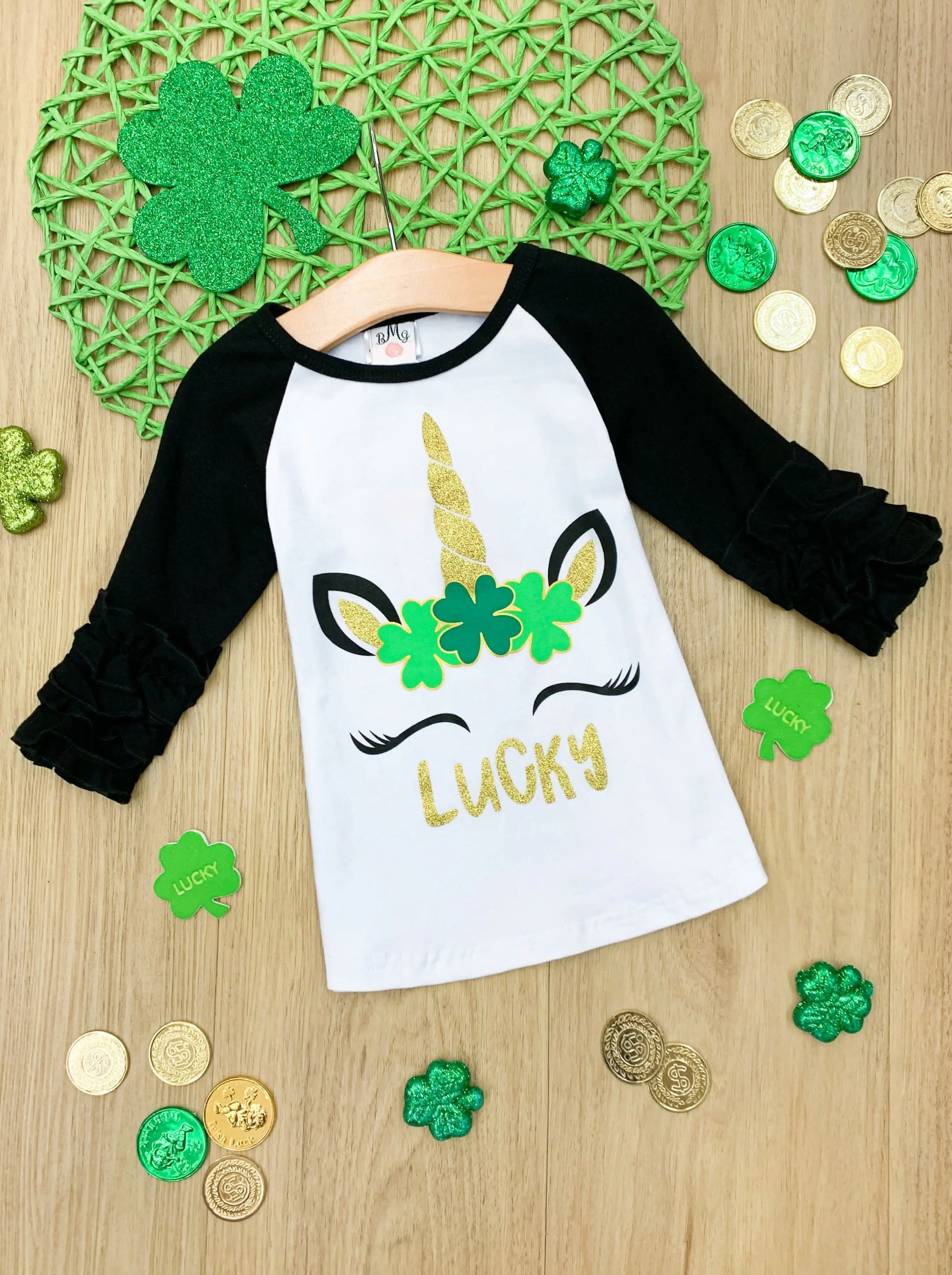Lucky Girl Unicorn Ruffle Raglan Top - Image 2