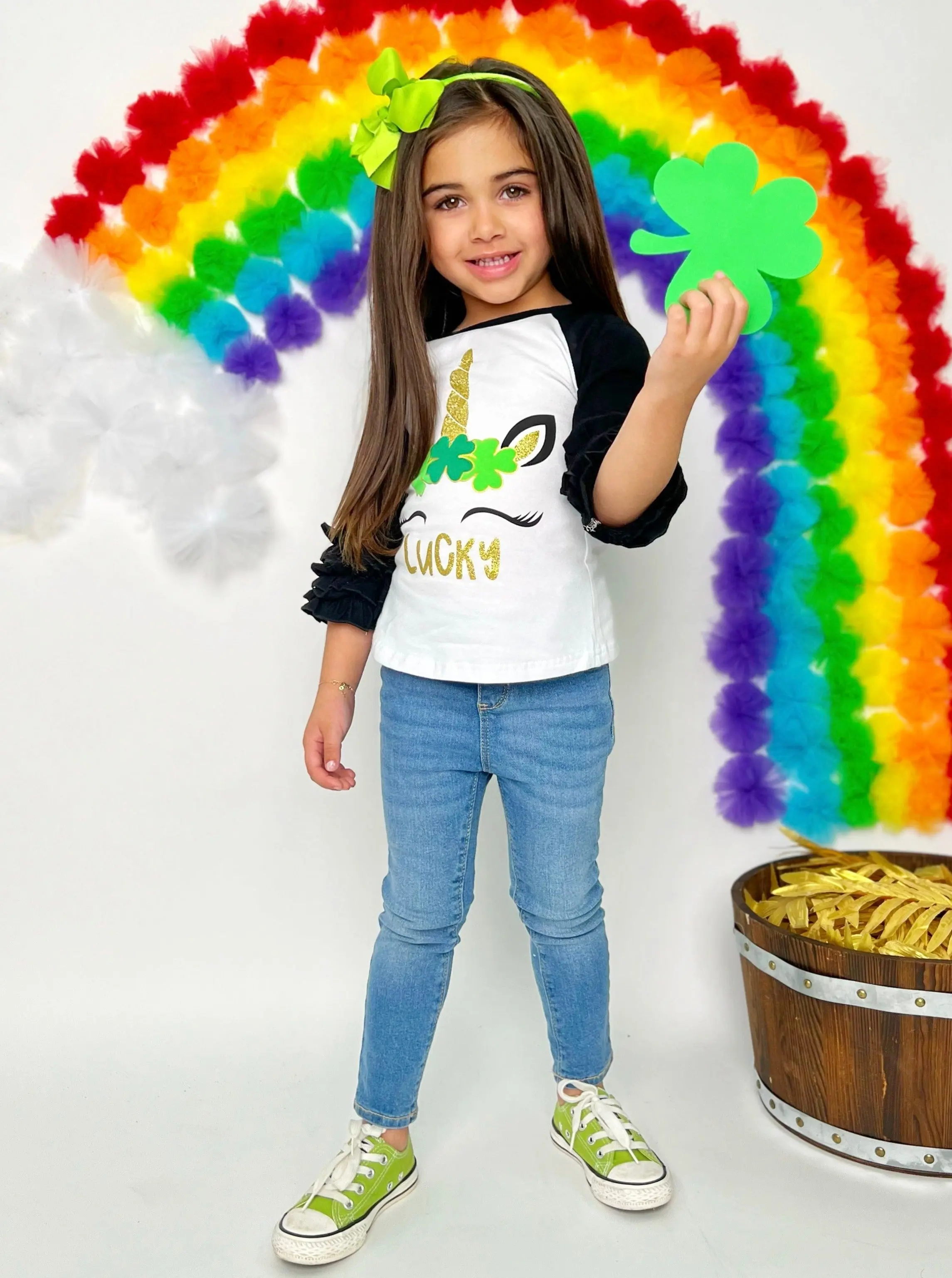 Lucky Girl Unicorn Ruffle Raglan Top - Image 3