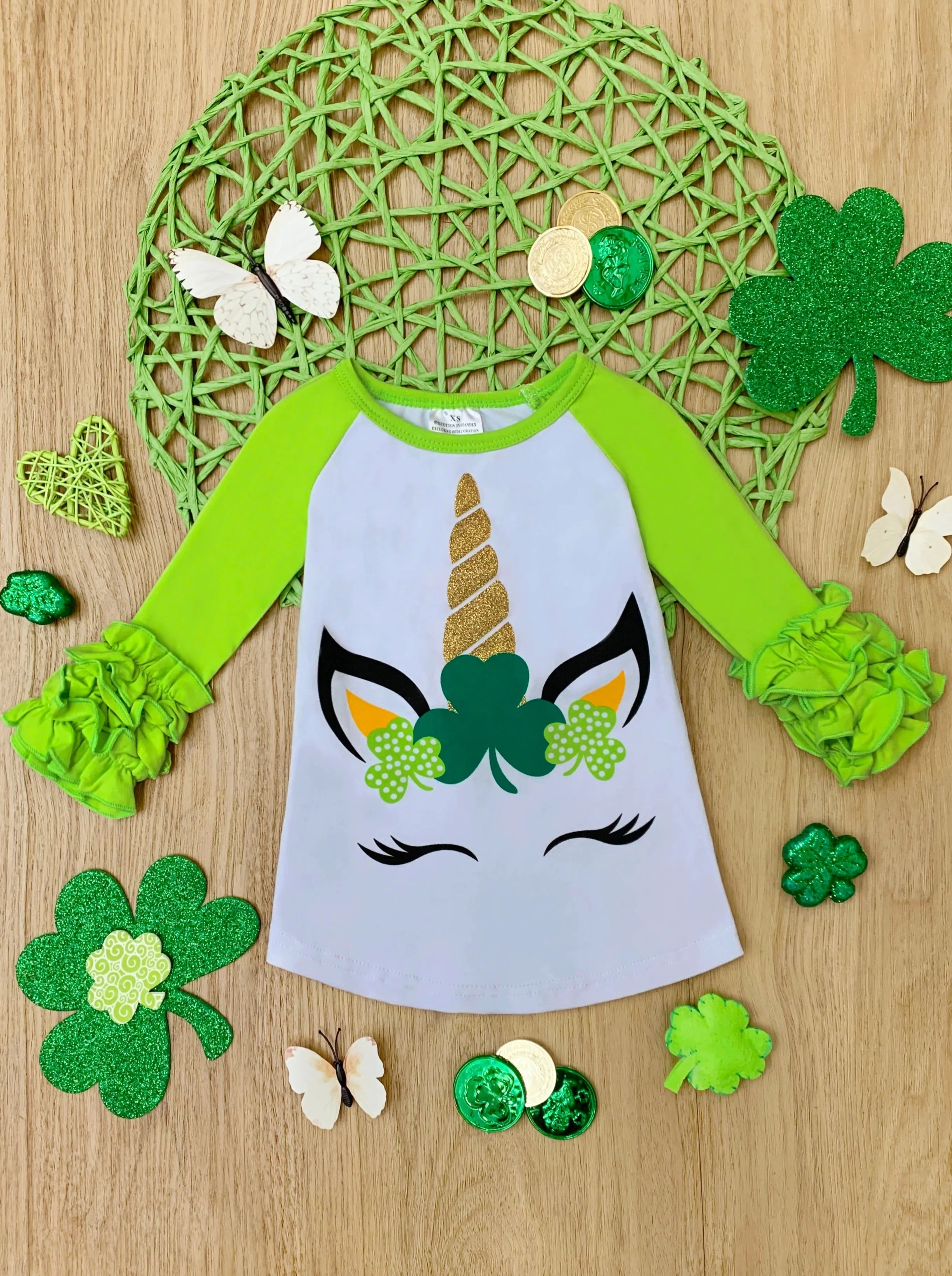 St. Paddy's Unicorn Ruffle Raglan Top - Image 3