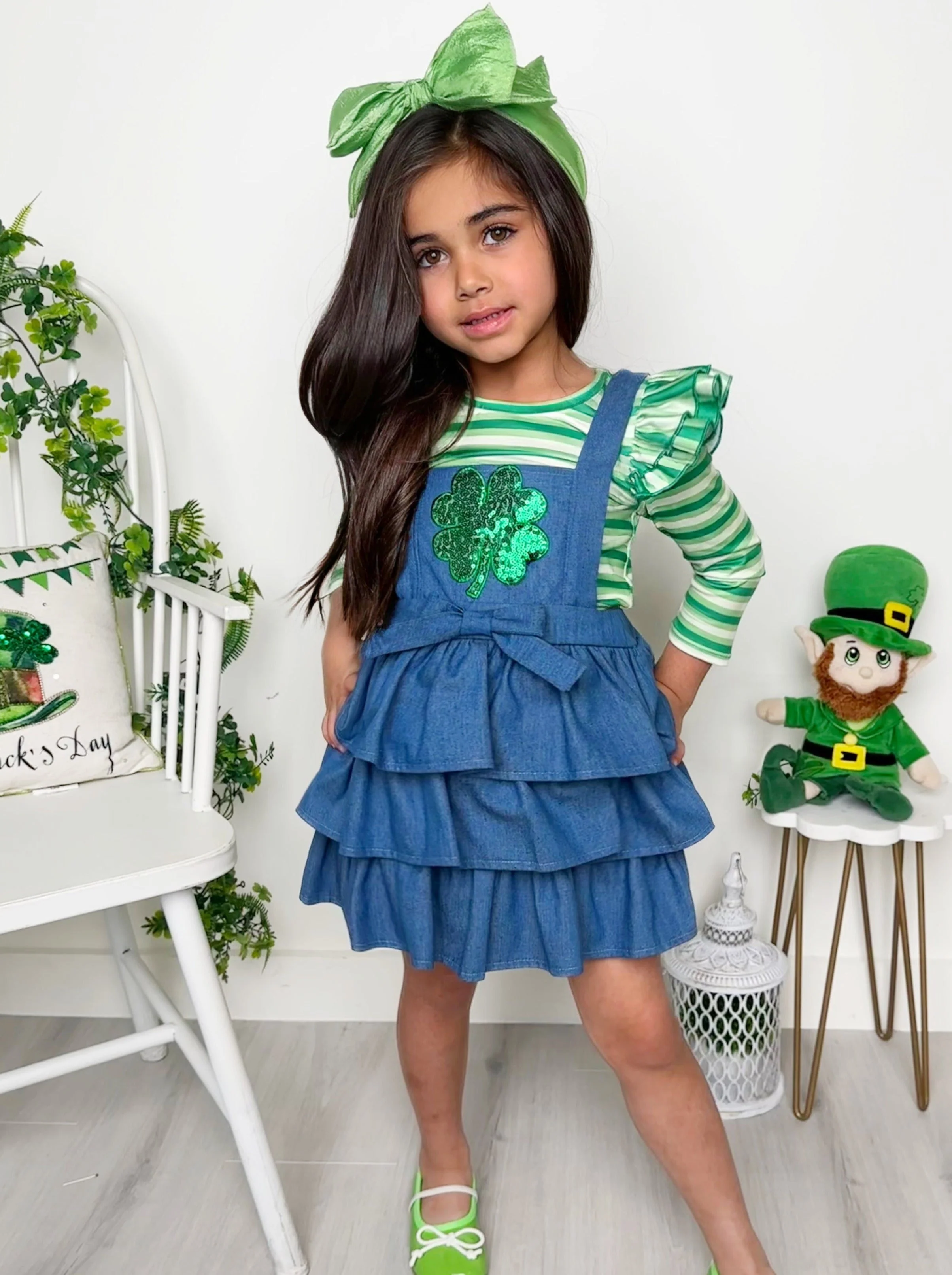 Stripes and Sequins St. Paddy's Denim Overall Set - Image 2