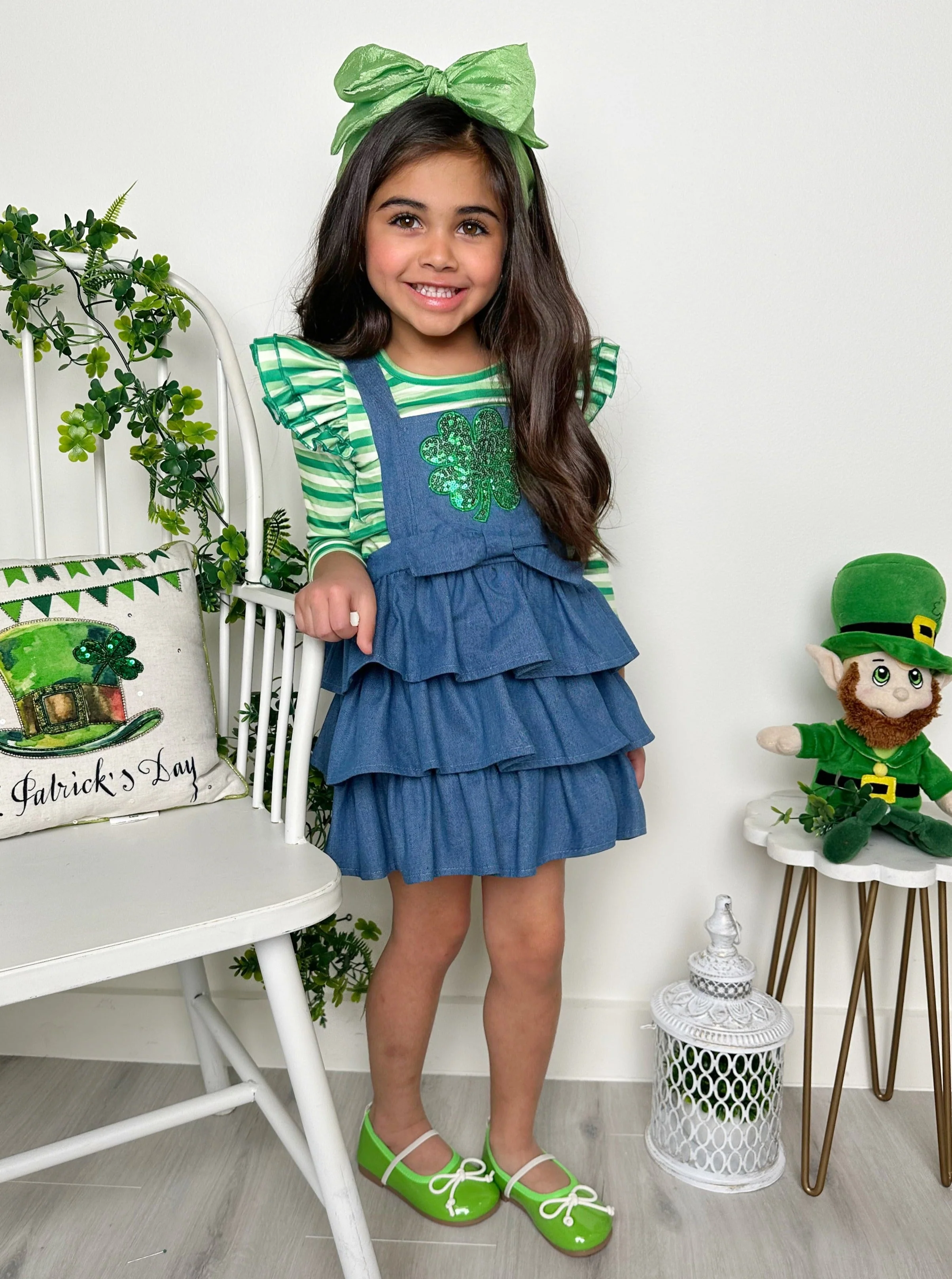 Stripes and Sequins St. Paddy's Denim Overall Set - Image 4