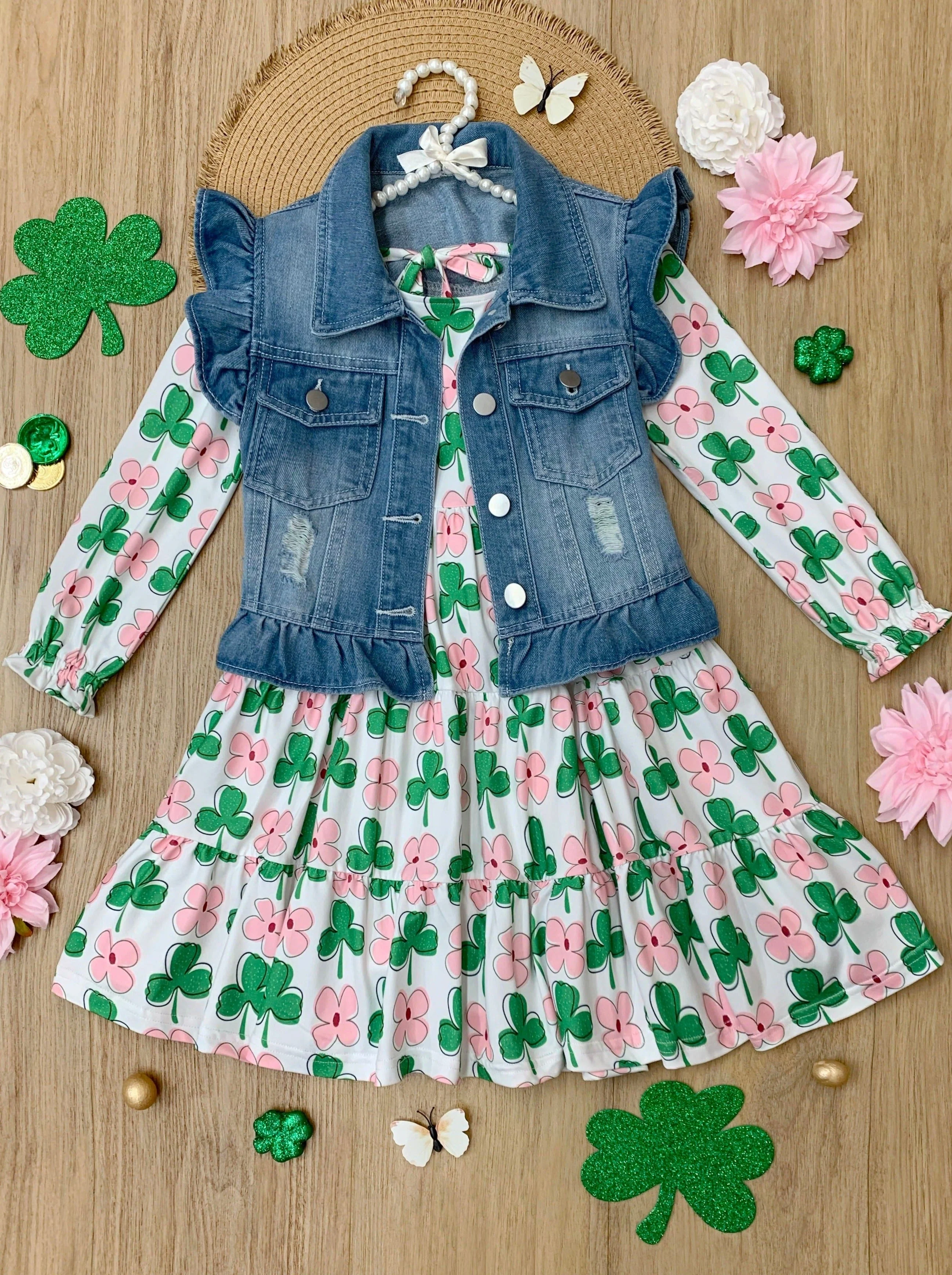 Shamrock Cutie Denim Vest and Clover Dress Set - Image 3