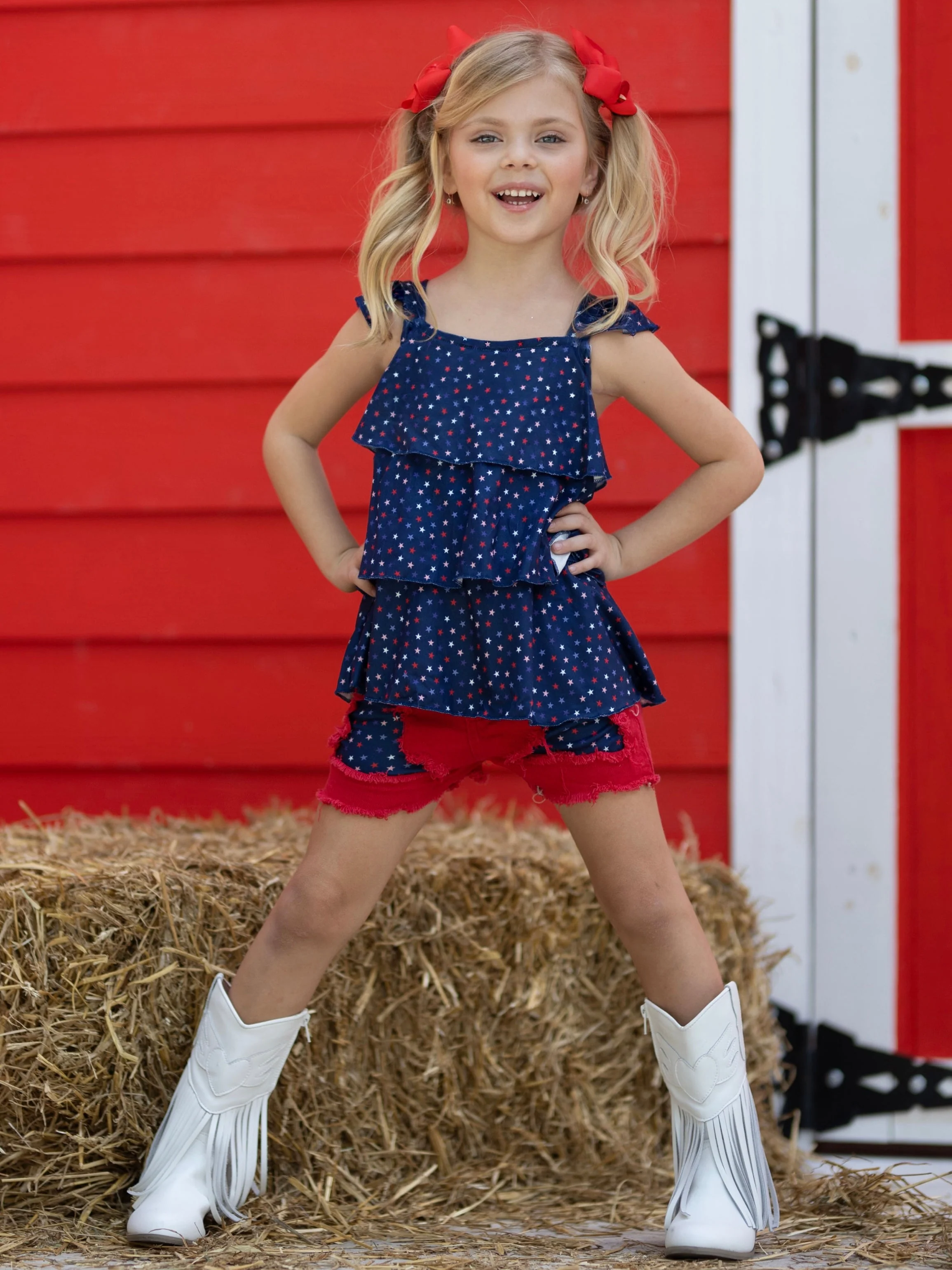 Star Spangled Diva Ruffle Top and Patched Denim Short Set - Image 2
