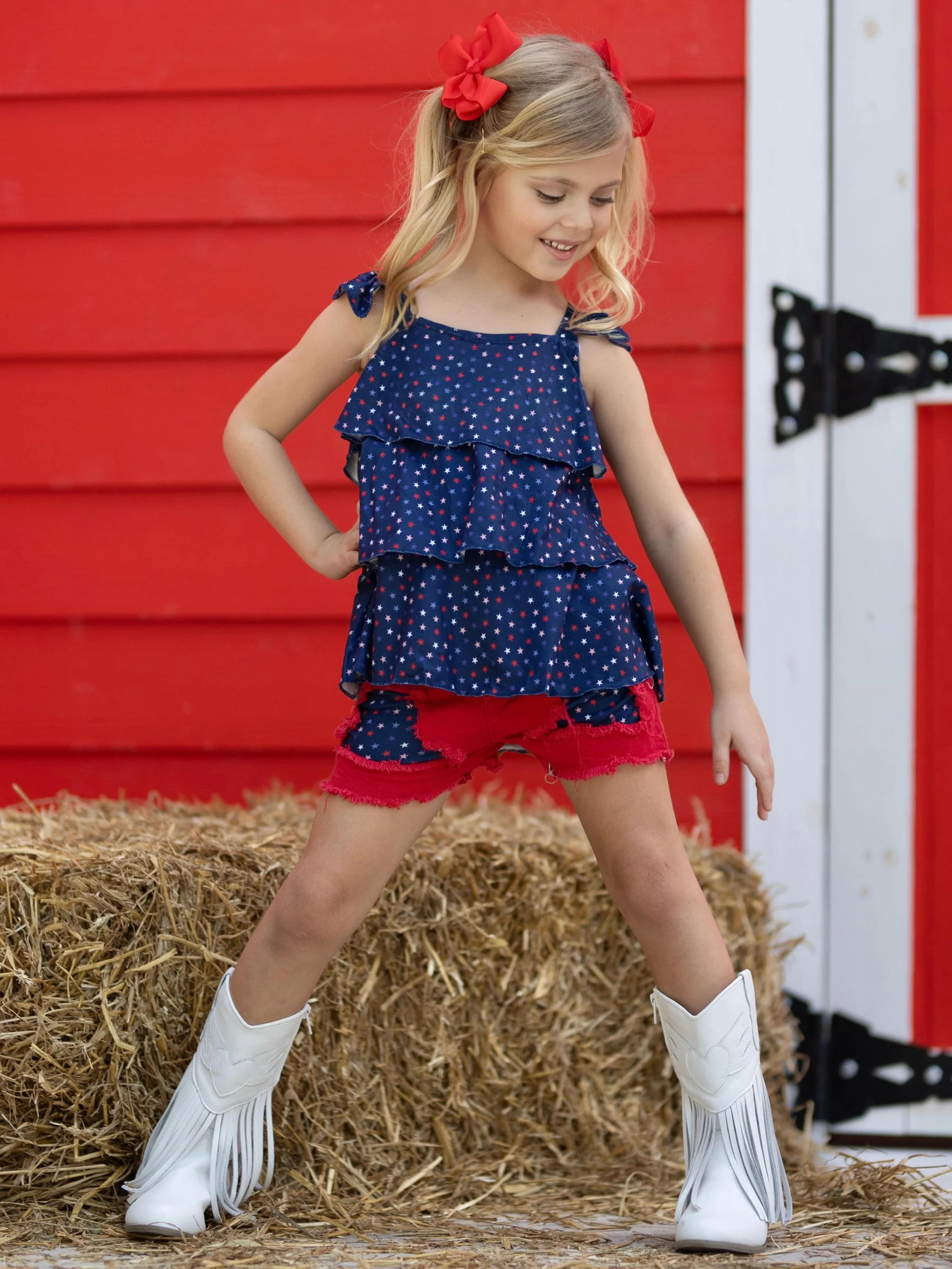 Star Spangled Diva Ruffle Top and Patched Denim Short Set - Image 3