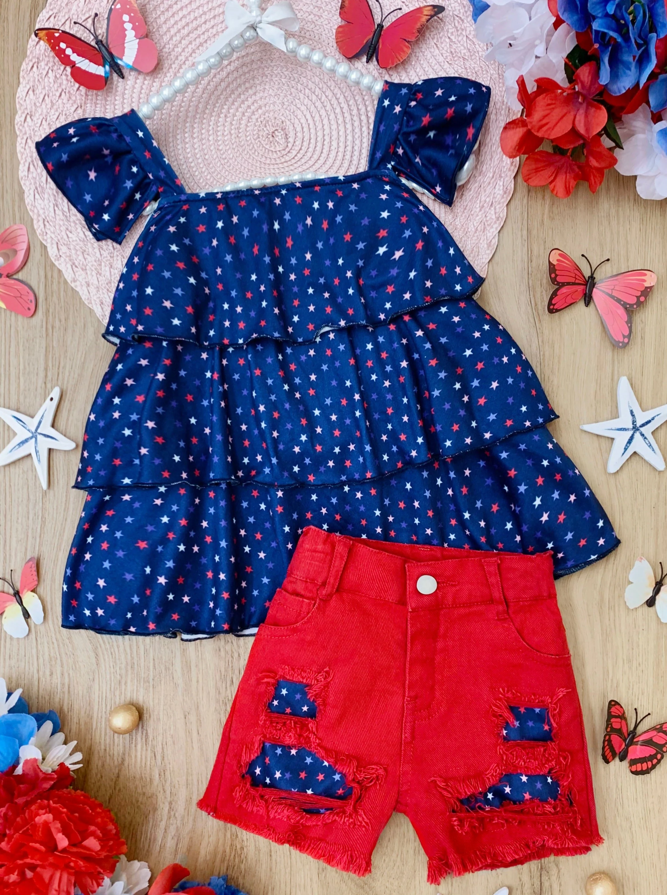 Star Spangled Diva Ruffle Top and Patched Denim Short Set - Image 4