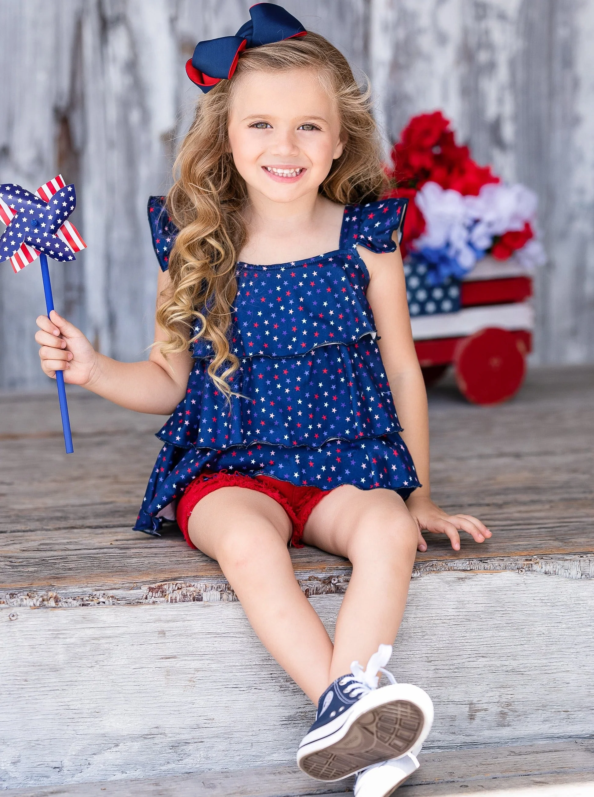 Star Spangled Diva Ruffle Top and Patched Denim Short Set - Image 5