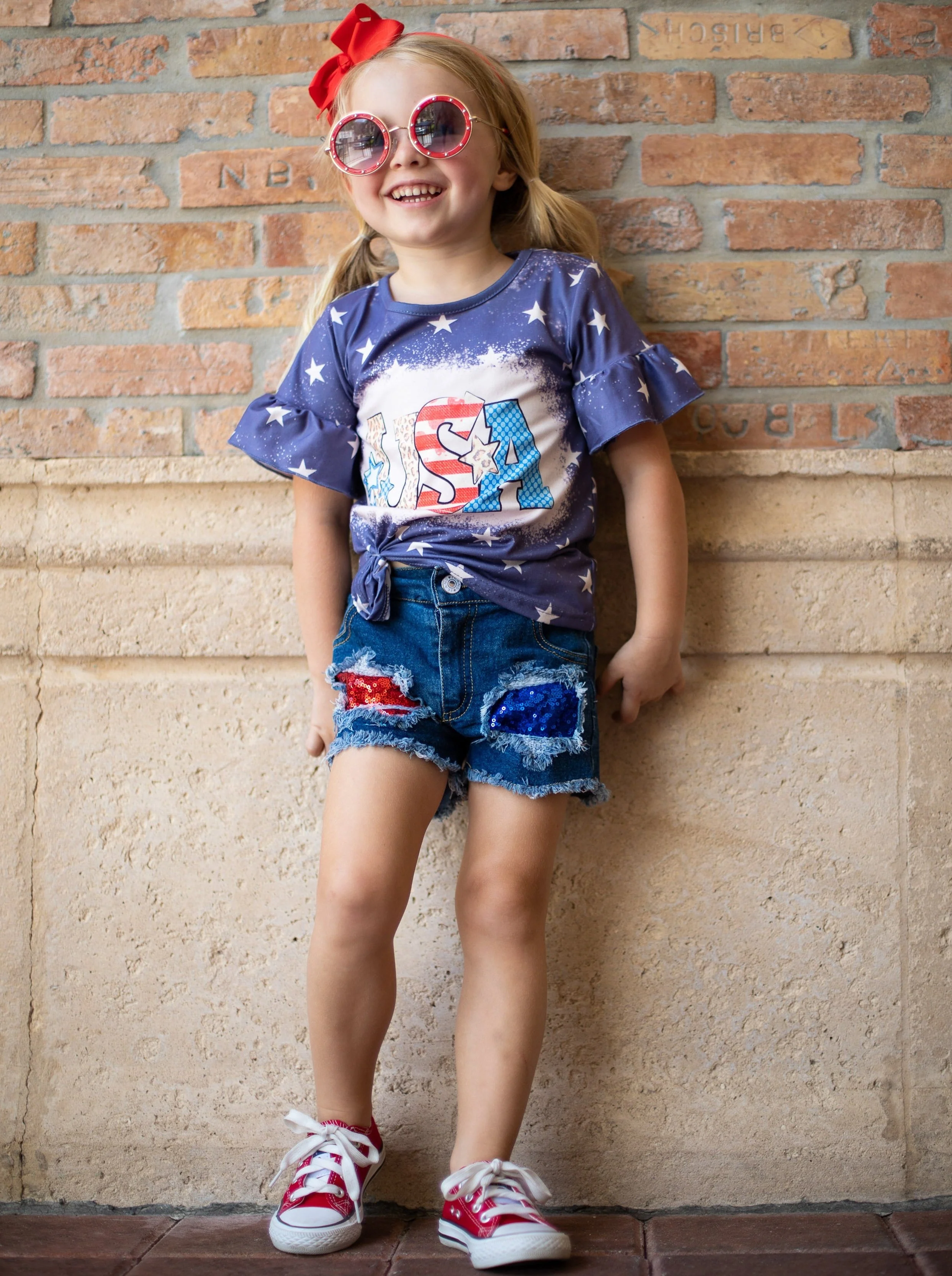 Starred USA Top and Sequin Patched Denim Short Set - Image 3