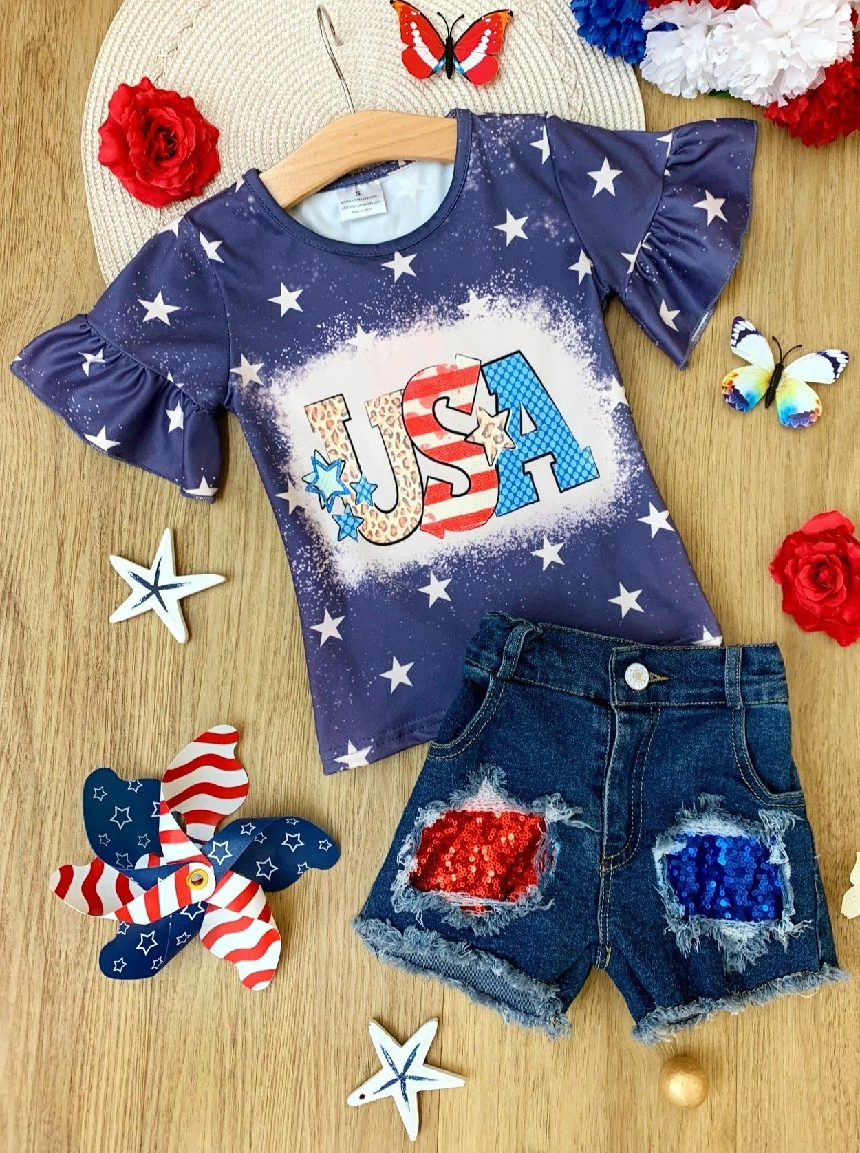 Starred USA Top and Sequin Patched Denim Short Set - Image 4