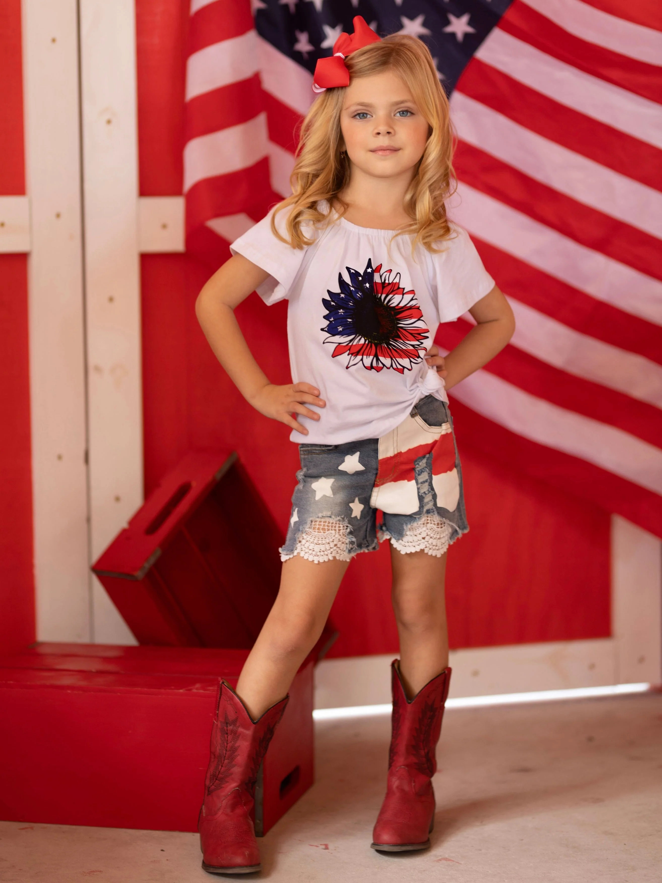 Freedom Flower Americana Top and Denim Shorts Set - Image 3