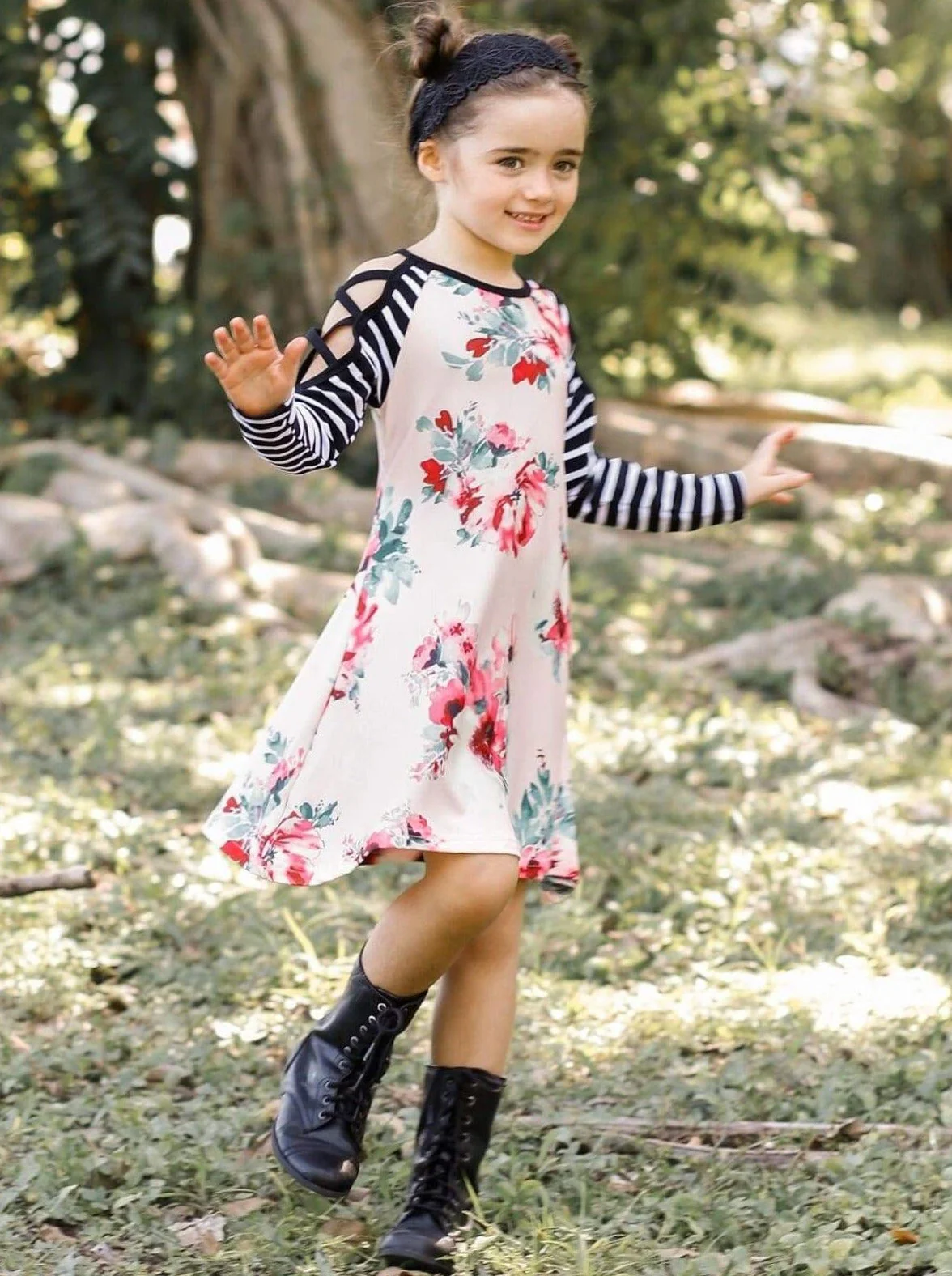 Strappy Stripe Cold Shoulder Floral Dress - Image 3