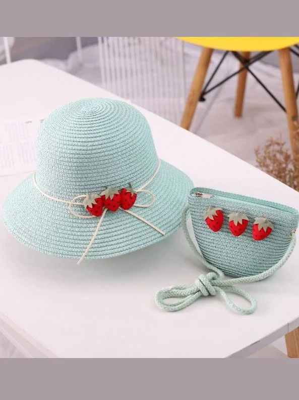 Girls Strawberry Straw Hat with Matching Purse - Image 2