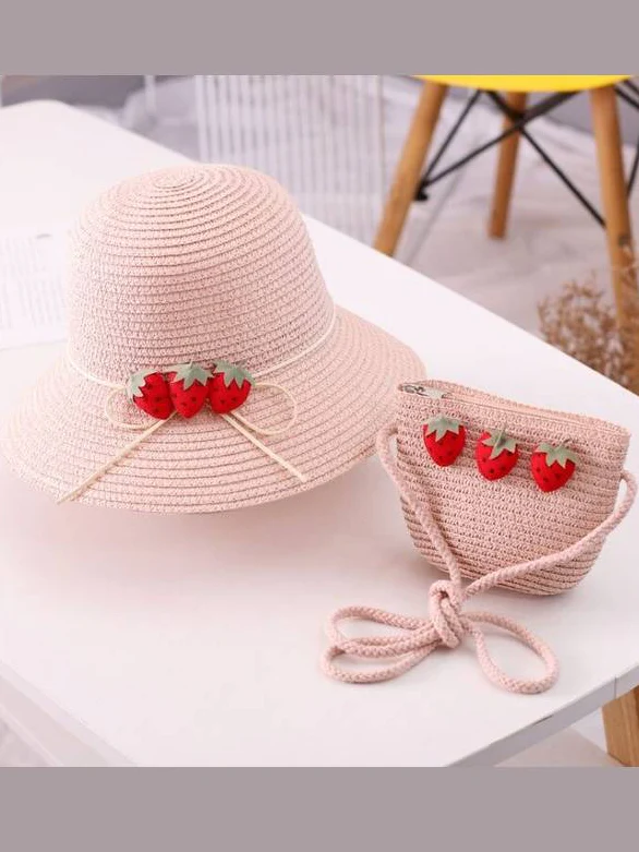 Girls Strawberry Straw Hat with Matching Purse - Image 3