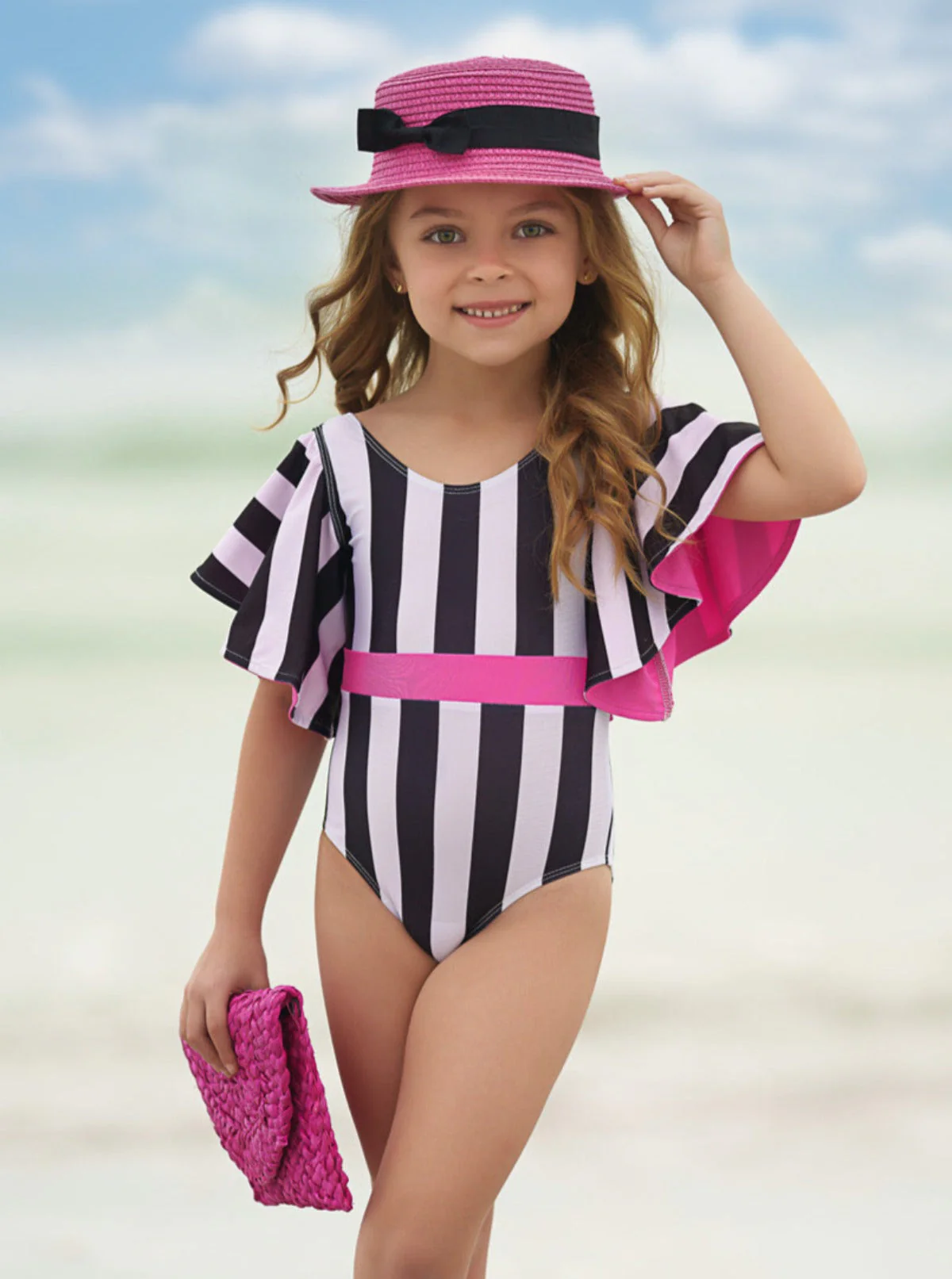Pop Of Pink Flare Sleeve Striped One Piece Swimsuit - Image 3