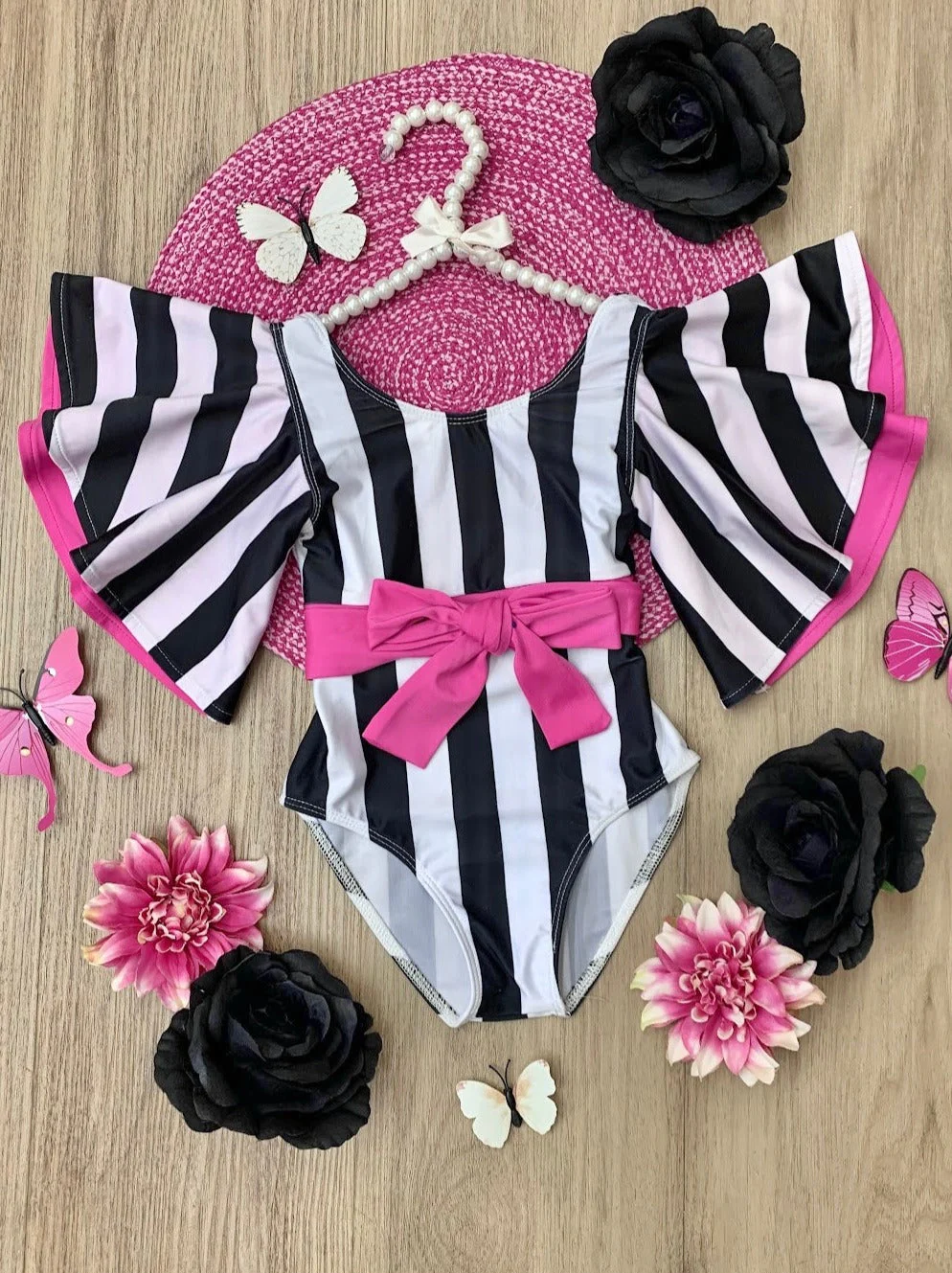 Pop Of Pink Flare Sleeve Striped One Piece Swimsuit - Image 6