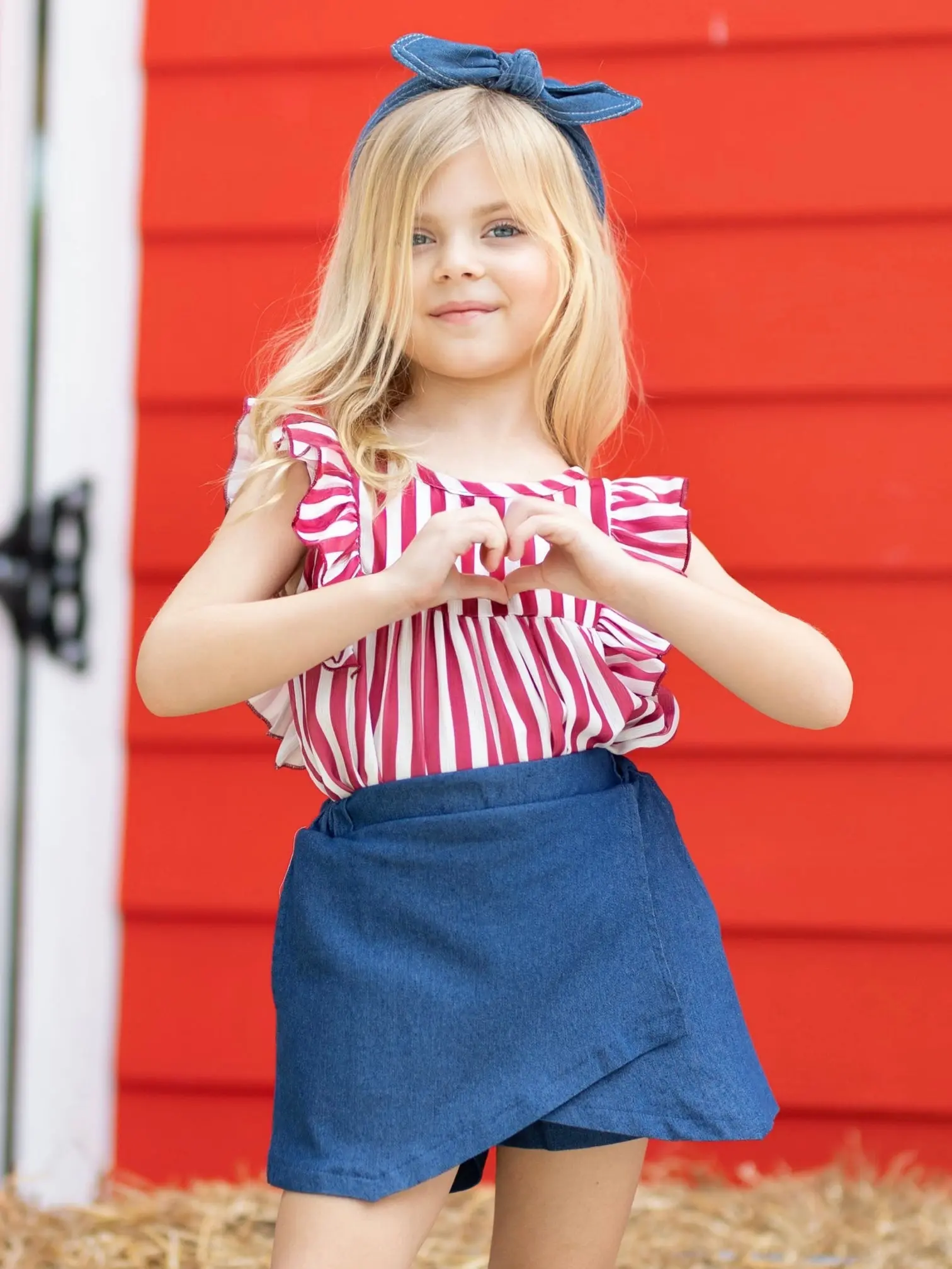 Patriotic Red Striped Top and Blue Skort Set - Image 2