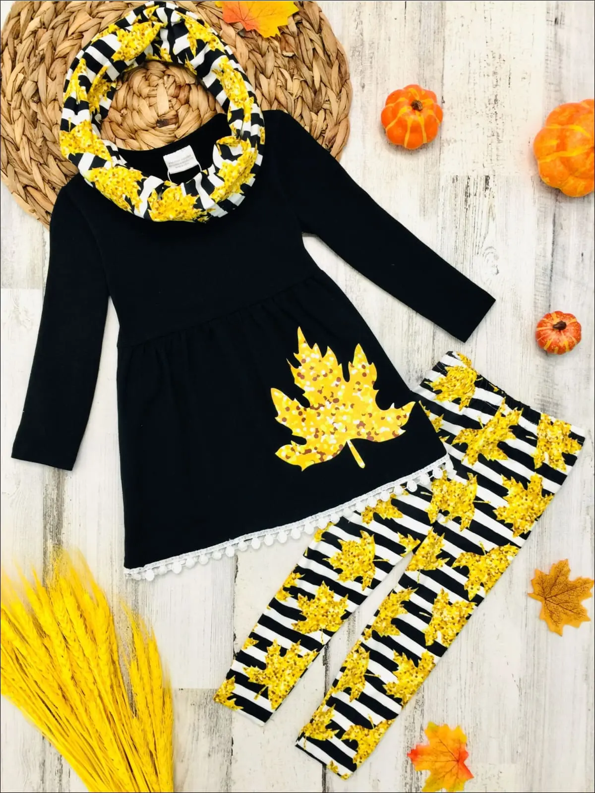 Girls Striped Leaves Print Circle Trim Hem Long Sleeve Tunic, Leggings and Scarf Set - Image 2