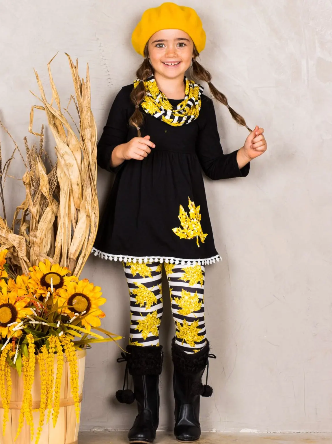 Girls Striped Leaves Print Circle Trim Hem Long Sleeve Tunic, Leggings and Scarf Set - Image 3