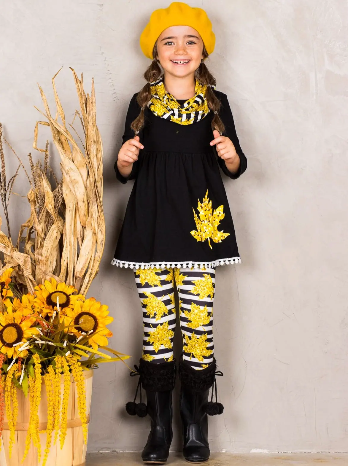 Girls Striped Leaves Print Circle Trim Hem Long Sleeve Tunic, Leggings and Scarf Set - Image 4