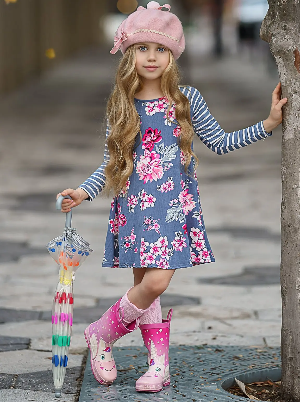 Soft and Sweet Striped Sleeve Floral Dress - Image 2