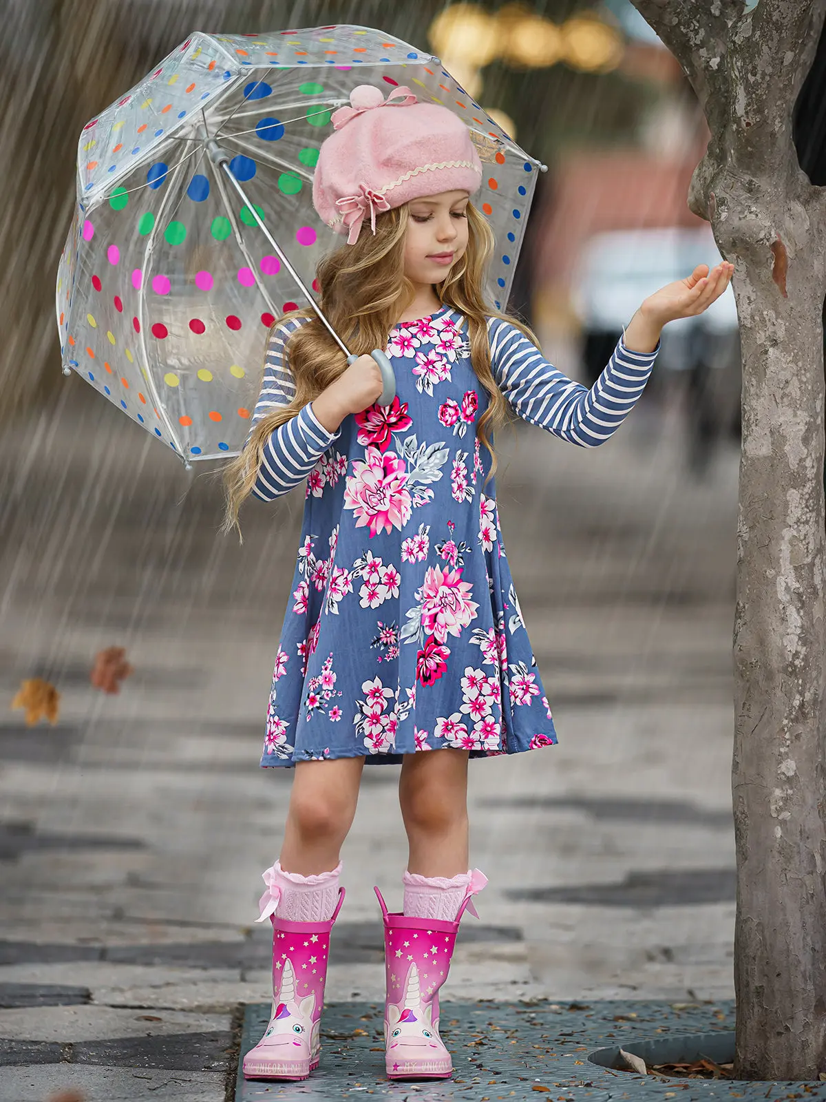 Soft and Sweet Striped Sleeve Floral Dress - Image 4