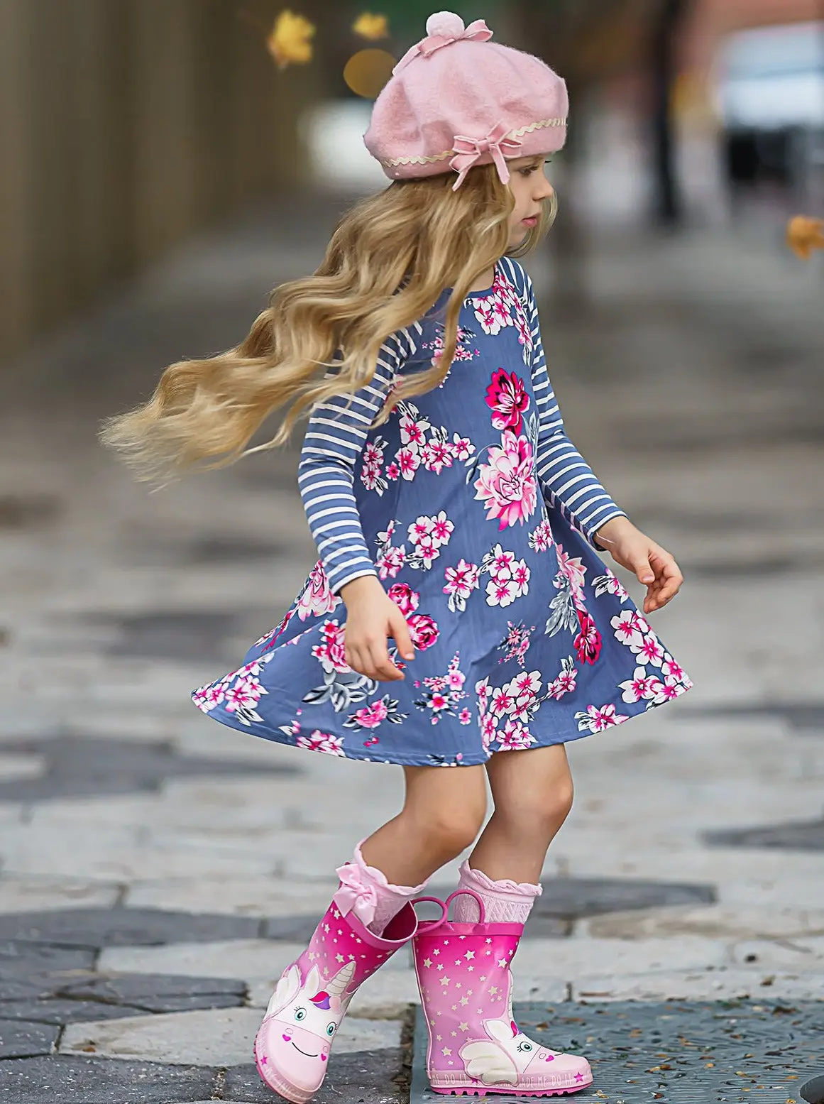 Soft and Sweet Striped Sleeve Floral Dress - Image 5