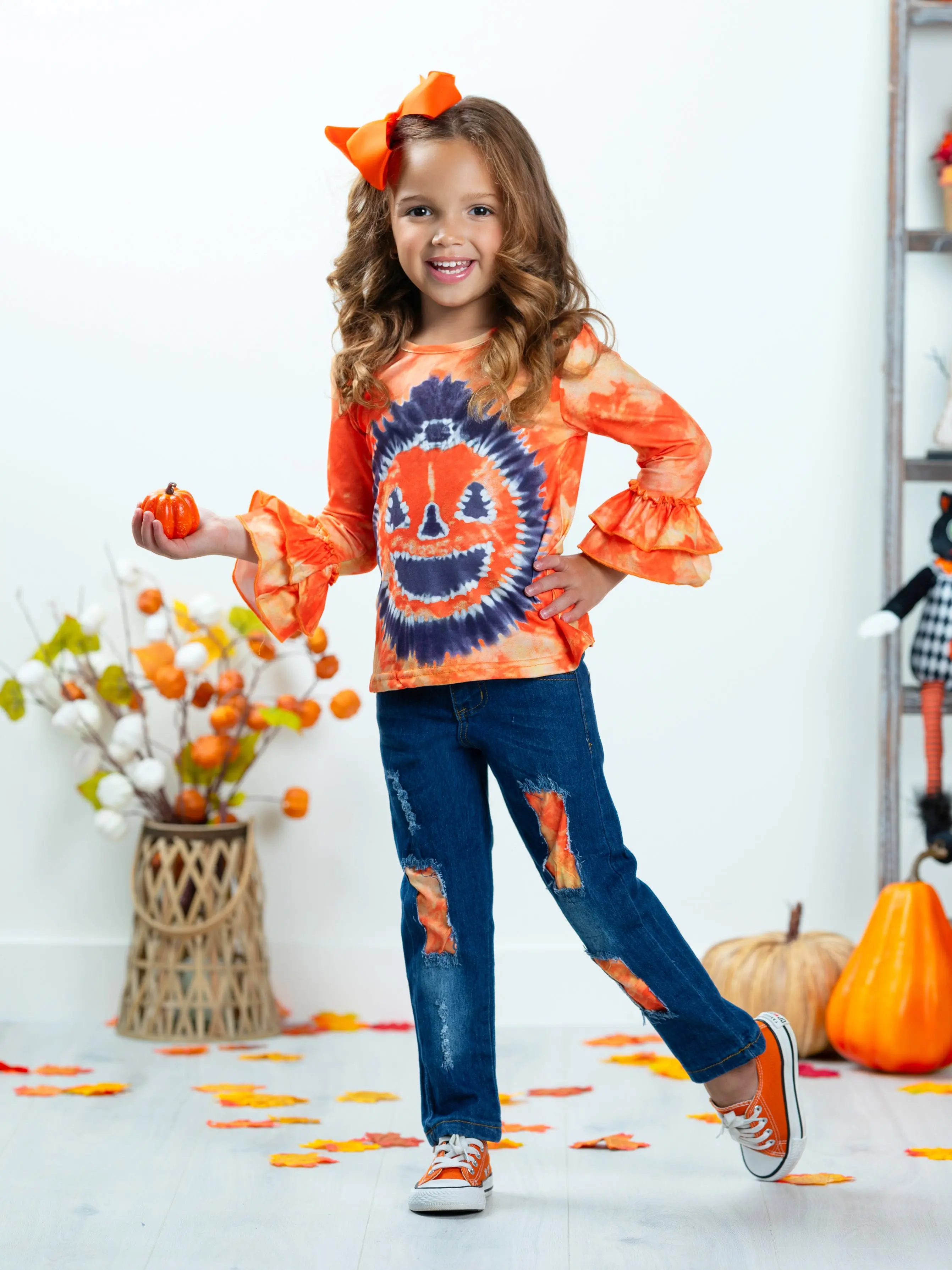 Pumpkin Pigment Ruffled Sleeve Top and Patched Jeans Set - Image 2