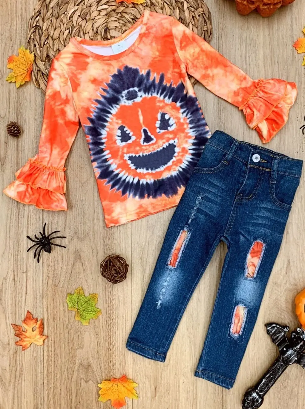 Pumpkin Pigment Ruffled Sleeve Top and Patched Jeans Set - Image 3