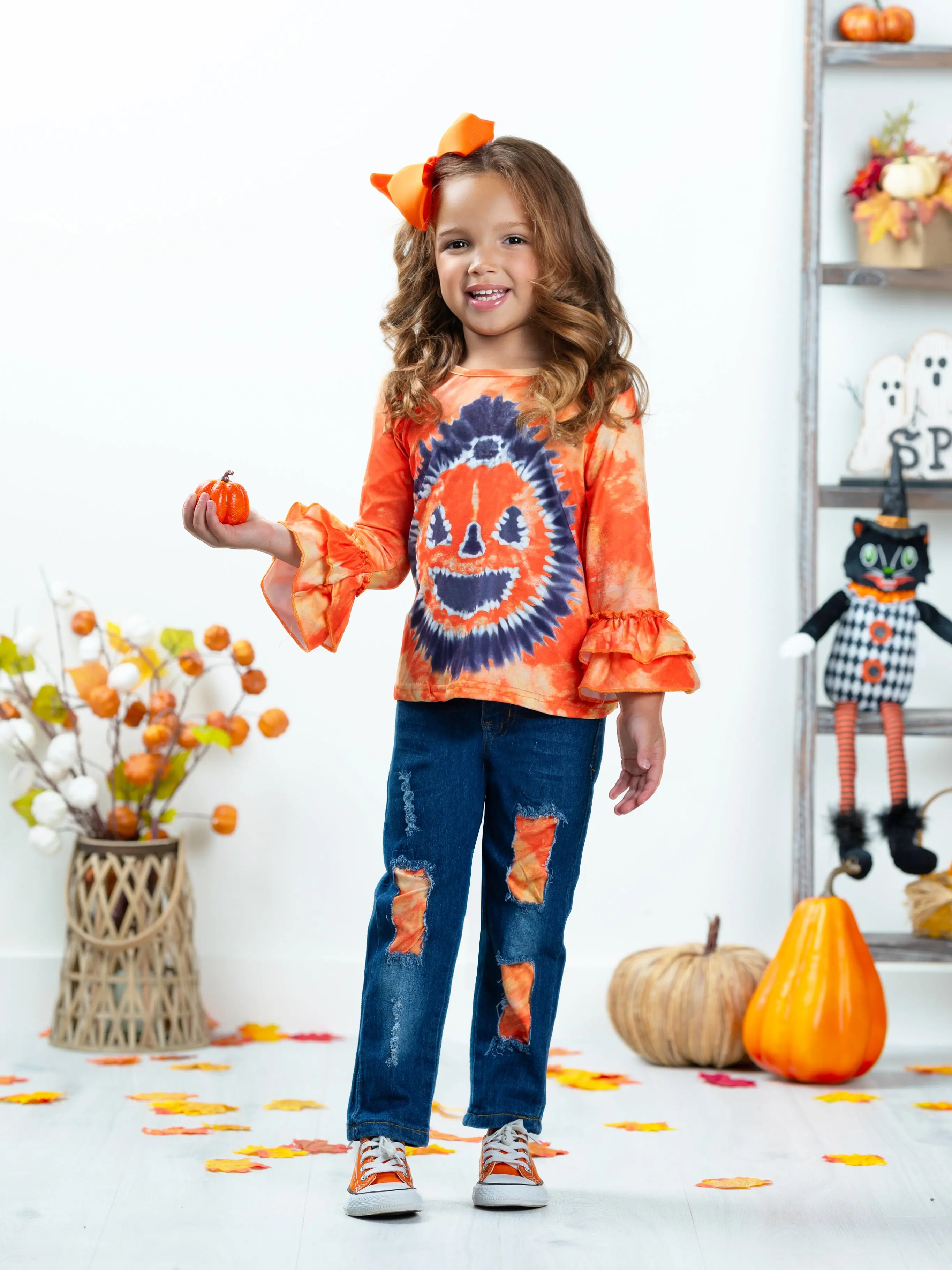 Pumpkin Pigment Ruffled Sleeve Top and Patched Jeans Set - Image 4