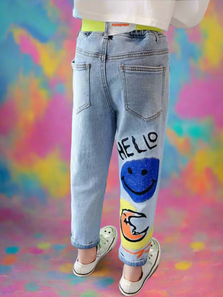 Girls Trendy Graffiti Smiley Rainbow Jeans - Image 2