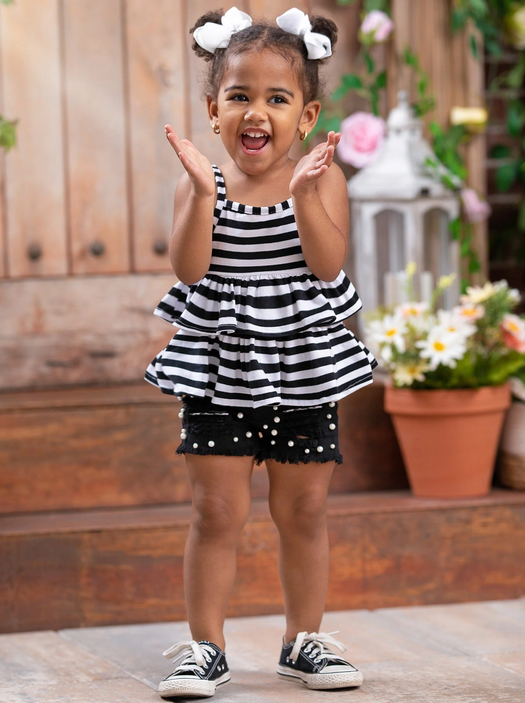 Stripes and Pearls Denim Short Set - Image 2