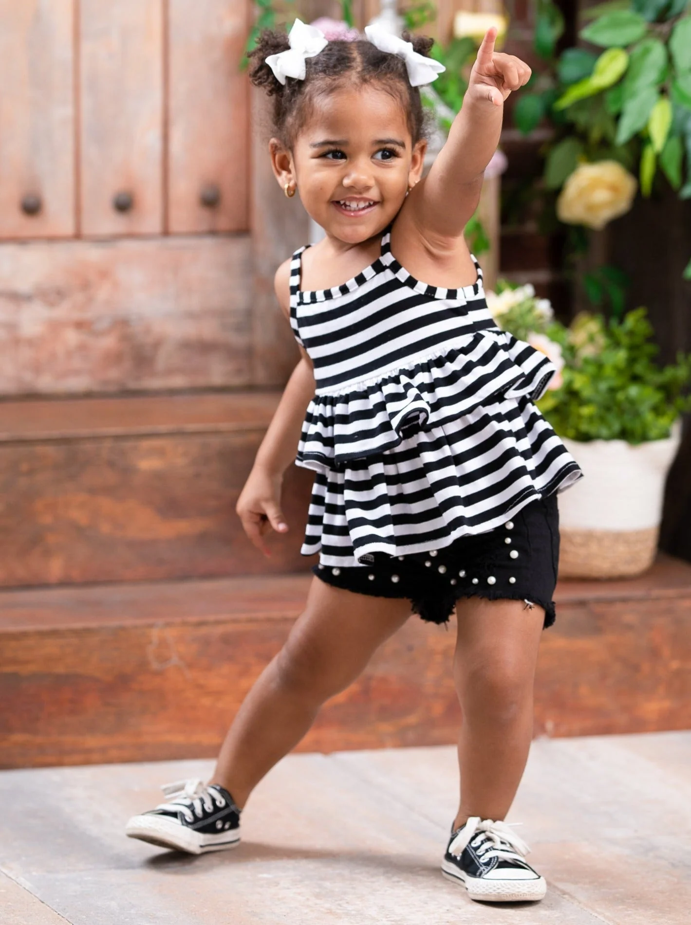 Stripes and Pearls Denim Short Set - Image 3