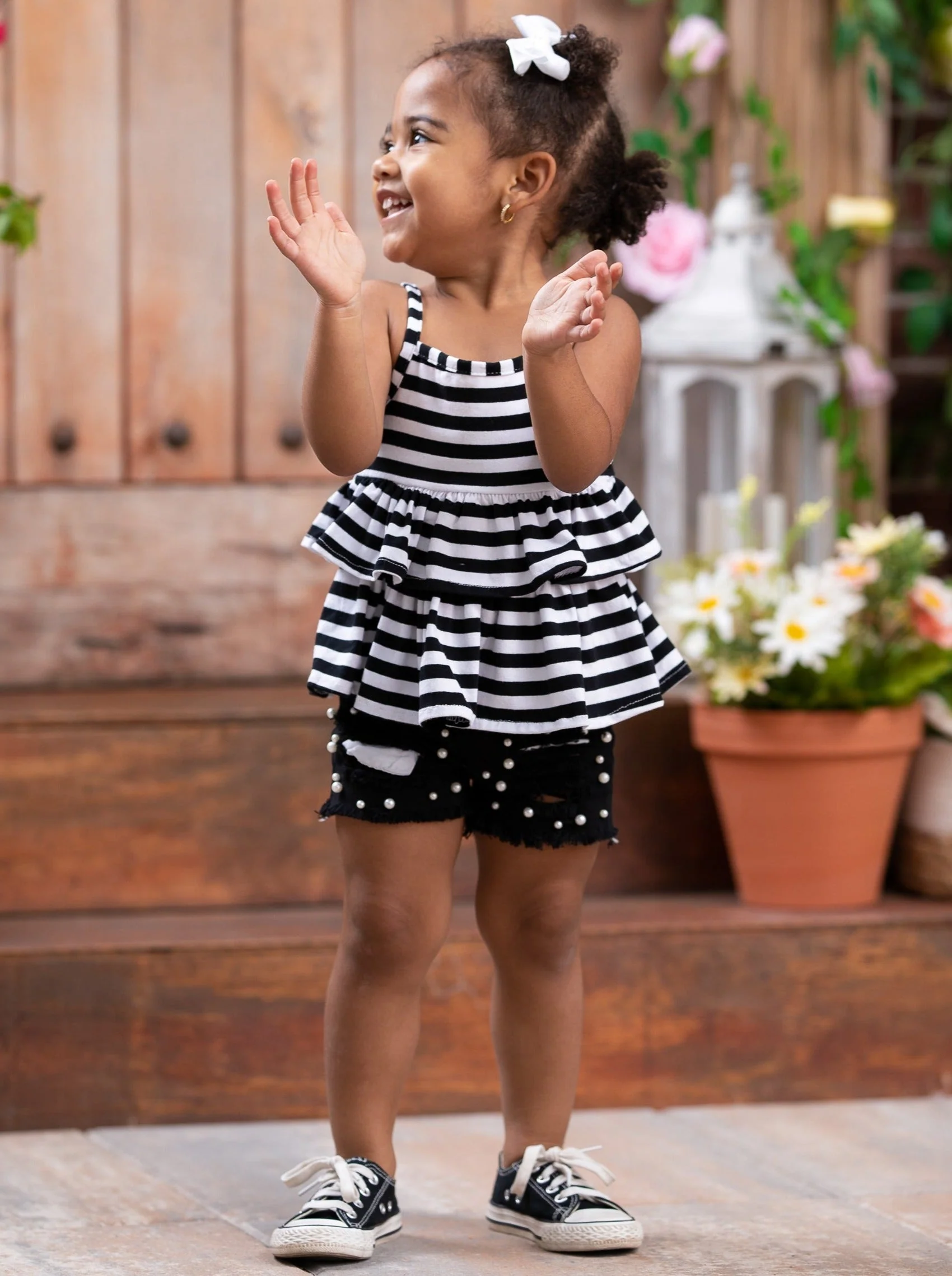 Stripes and Pearls Denim Short Set - Image 4