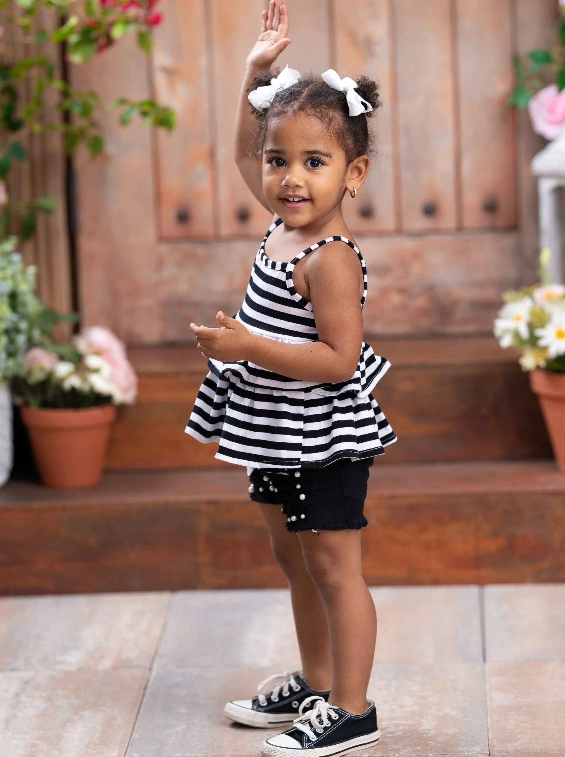 Stripes and Pearls Denim Short Set - Image 5
