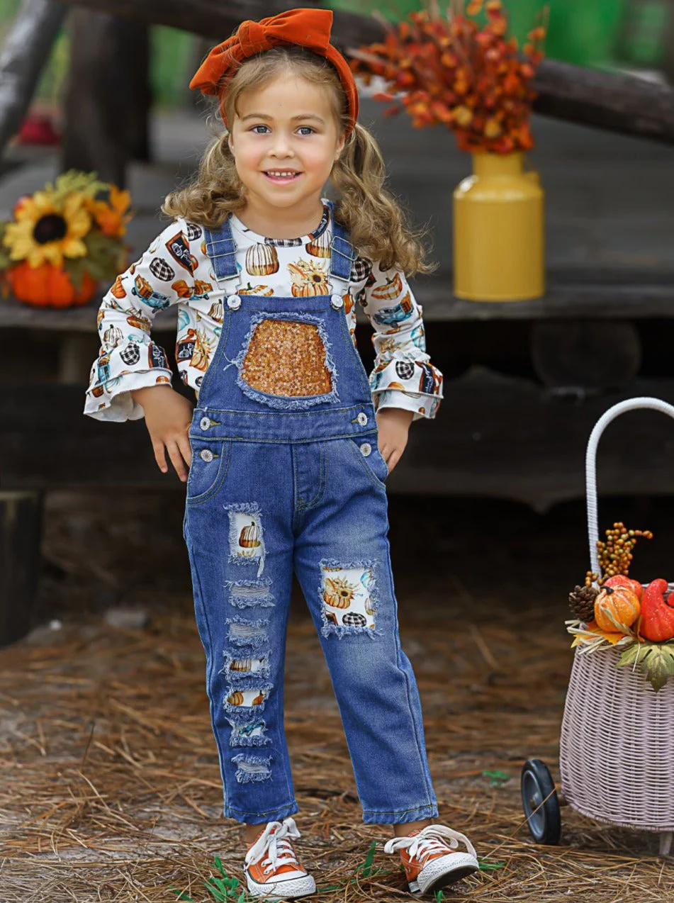 Sweet Pumpkin Sequin Patched Overall Set - Image 2
