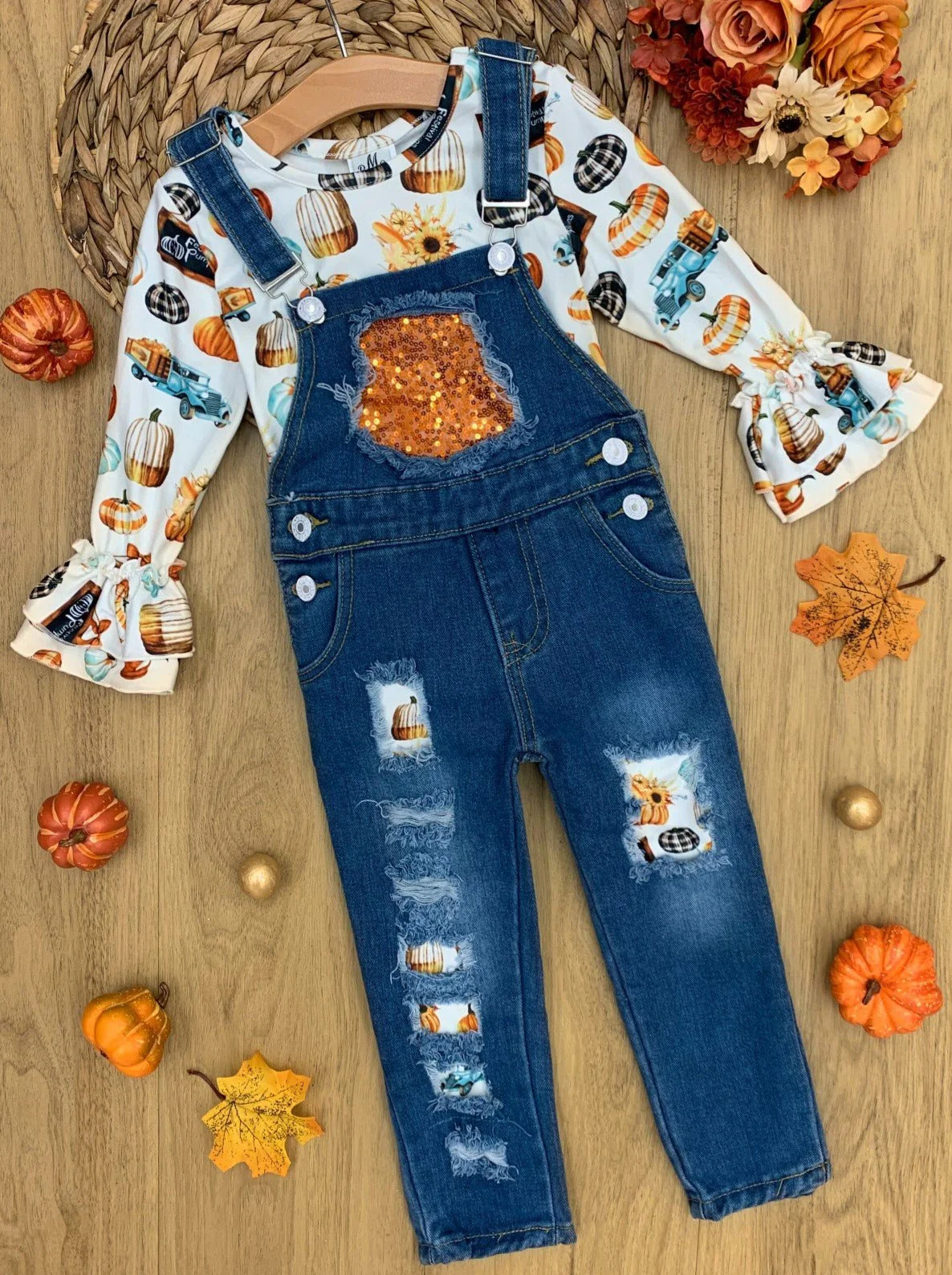 Sweet Pumpkin Sequin Patched Overall Set - Image 4