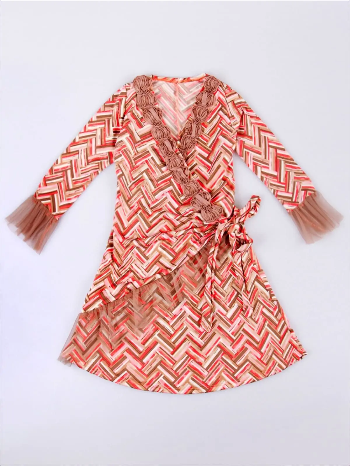 Sweet N' Chic Taupe and Pink Chevron Trim Wrap Dress - Image 2
