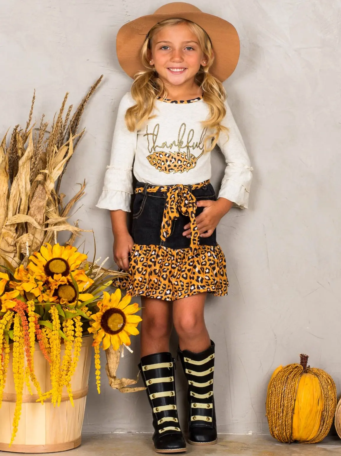 Thankful Leopard Ruffled Denim Skirt Set - Image 3