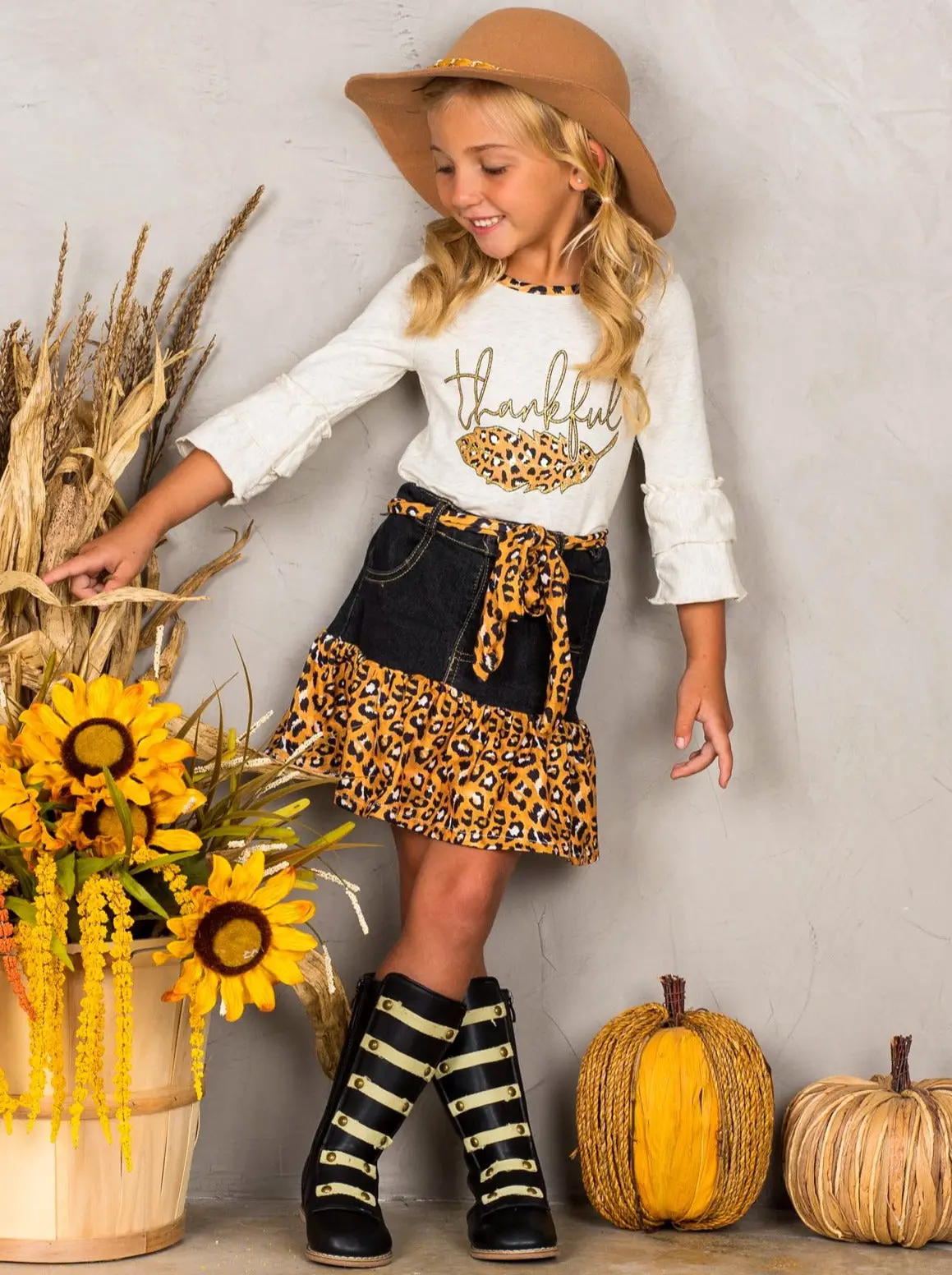 Thankful Leopard Ruffled Denim Skirt Set - Image 4
