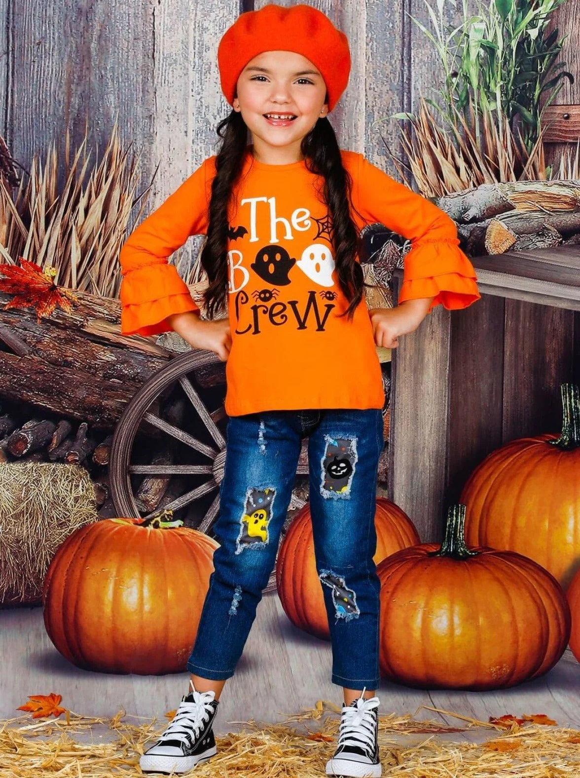 The Boo Crew Ruffle Sleeve Top and Patched Jeans Set - Image 2