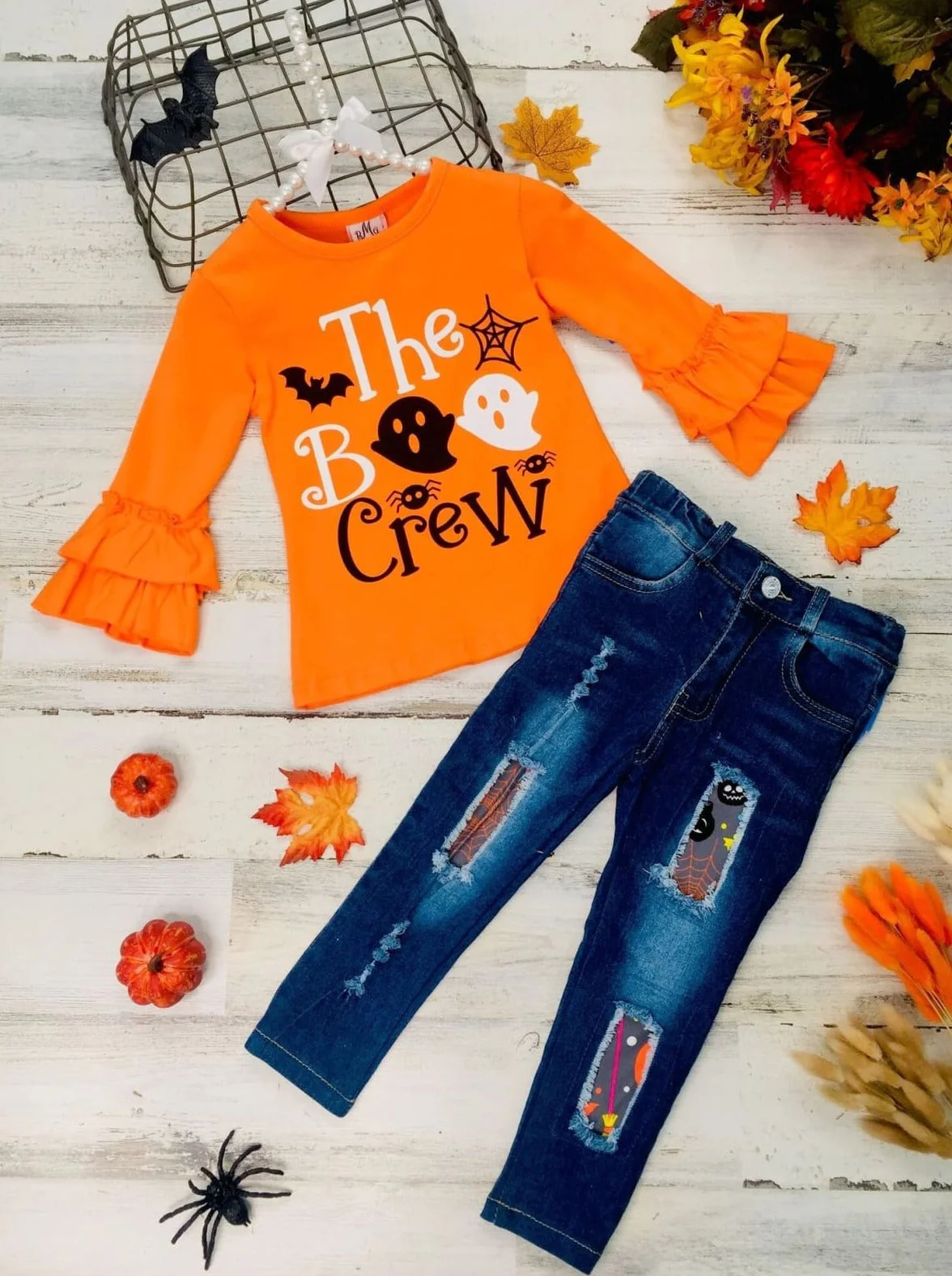 The Boo Crew Ruffle Sleeve Top and Patched Jeans Set - Image 3