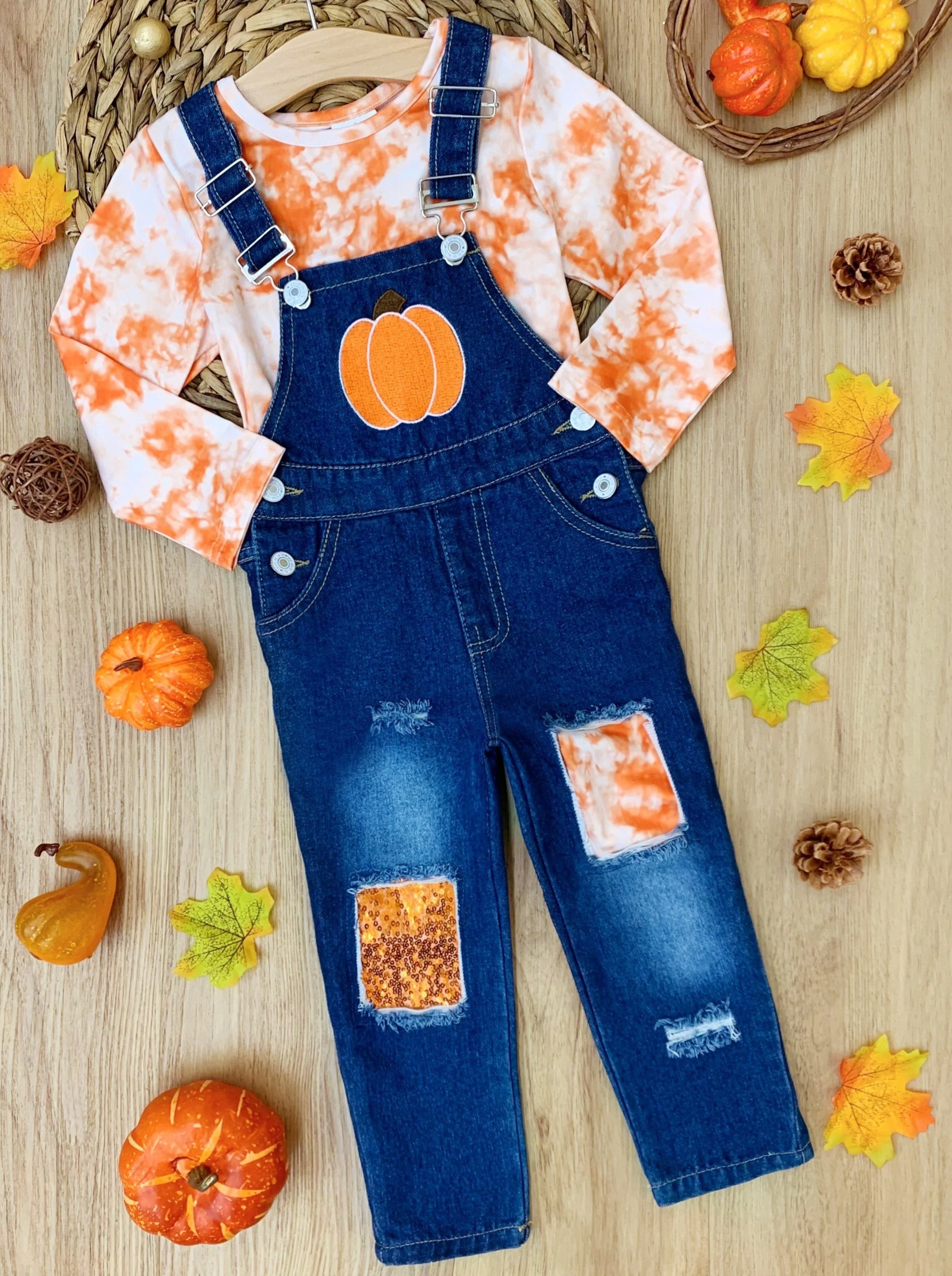 Tie Dye Pumpkin Patched Denim Overall Set - Image 3