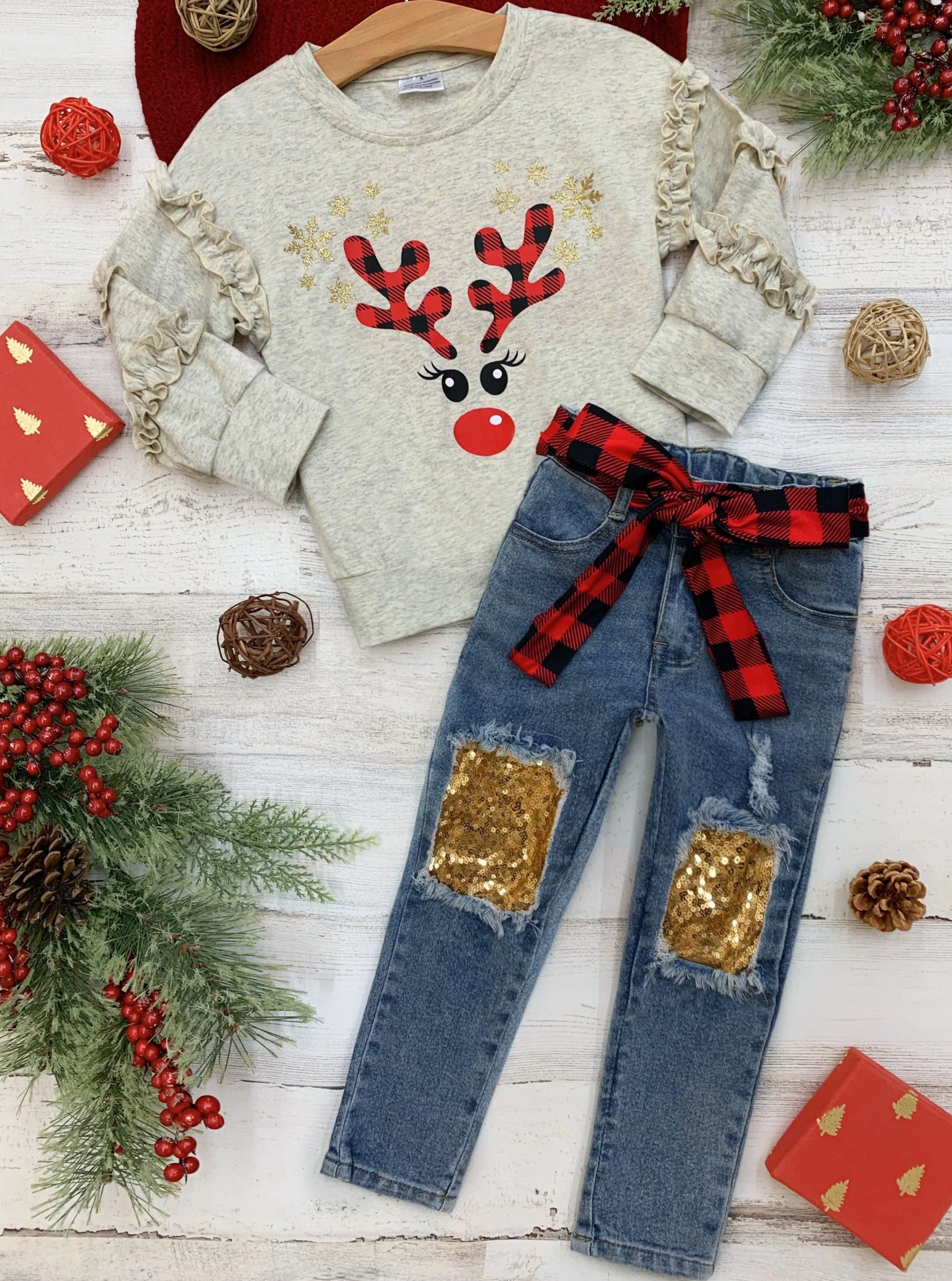 Oh, Deer Ruffle Sweatshirt and Sequin Patched Jeans Set - Image 2