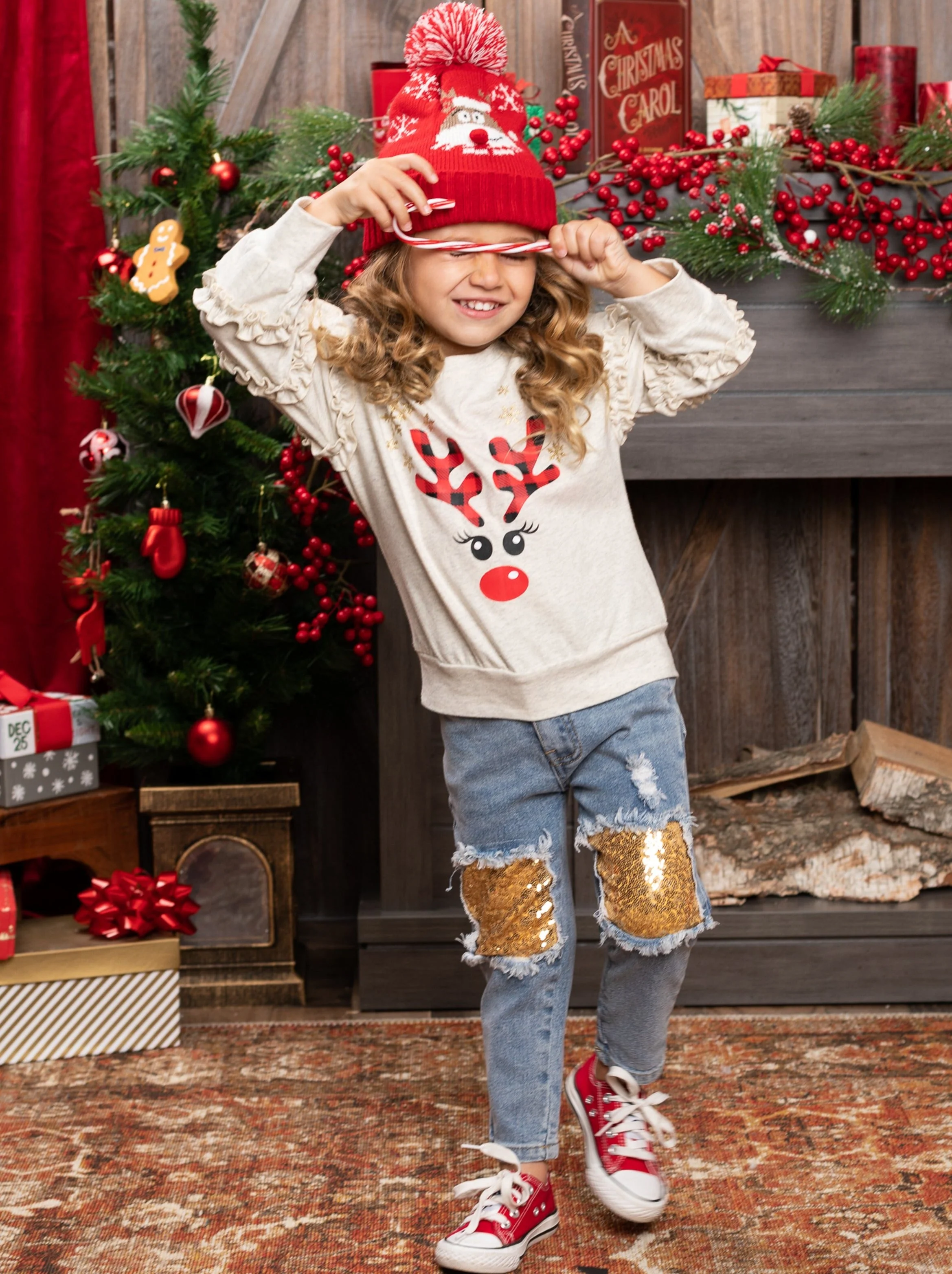 Oh, Deer Ruffle Sweatshirt and Sequin Patched Jeans Set - Image 3