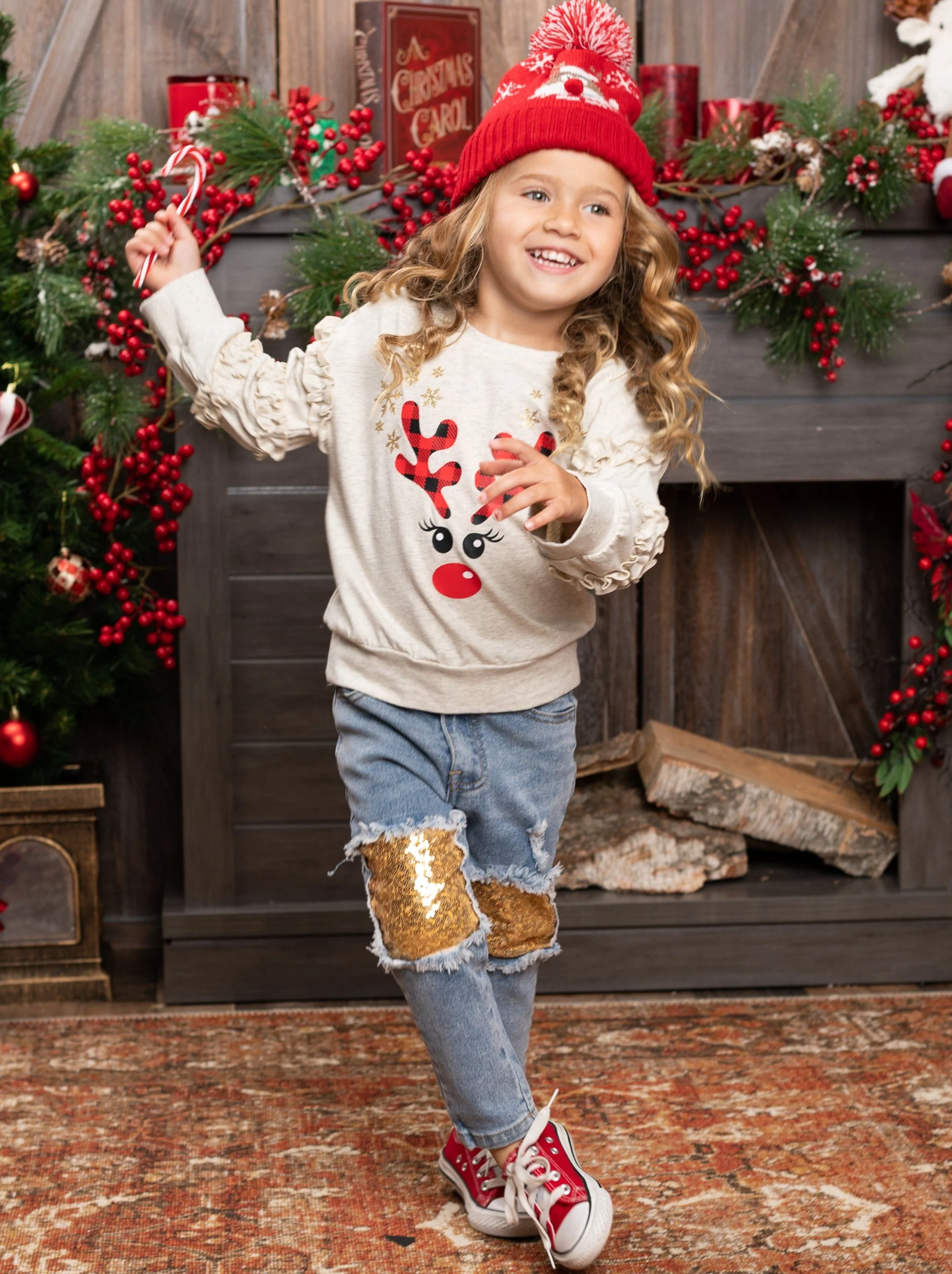 Oh, Deer Ruffle Sweatshirt and Sequin Patched Jeans Set - Image 4
