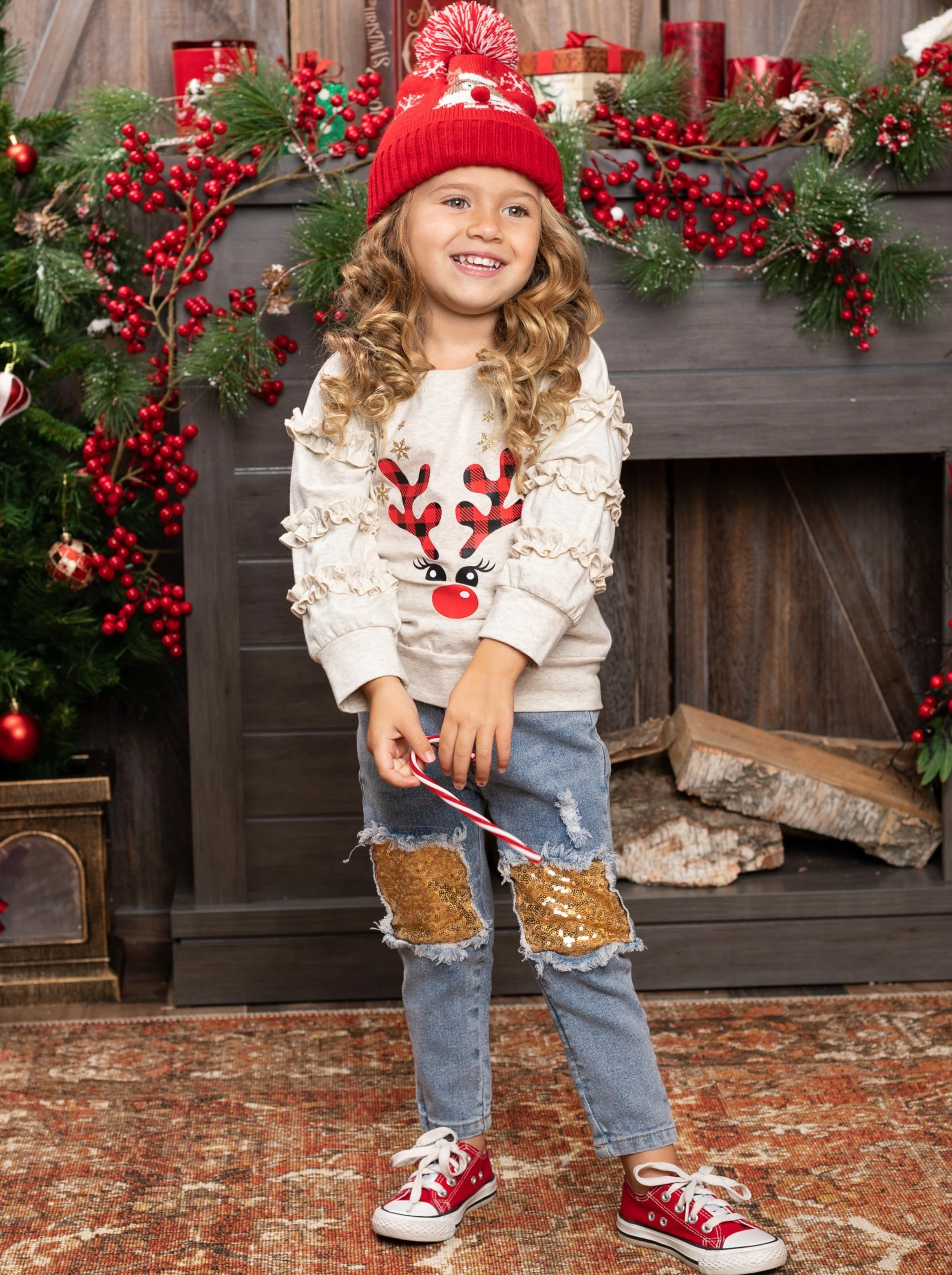 Oh, Deer Ruffle Sweatshirt and Sequin Patched Jeans Set - Image 5