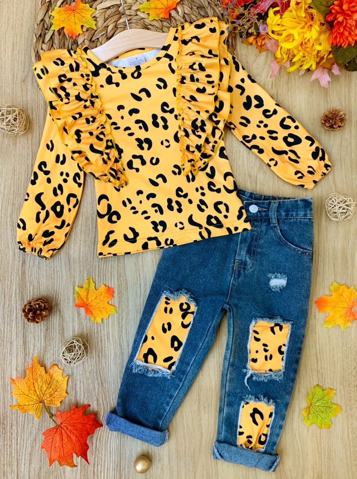 Golden Cub Ruffle Top and Patched Jeans Set - Image 2
