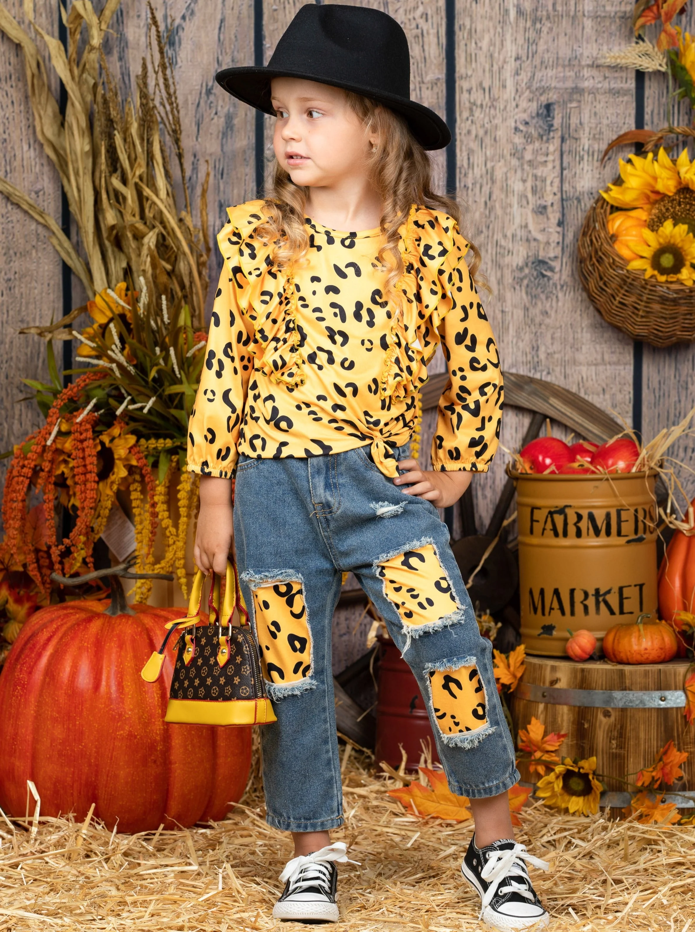 Golden Cub Ruffle Top and Patched Jeans Set - Image 3