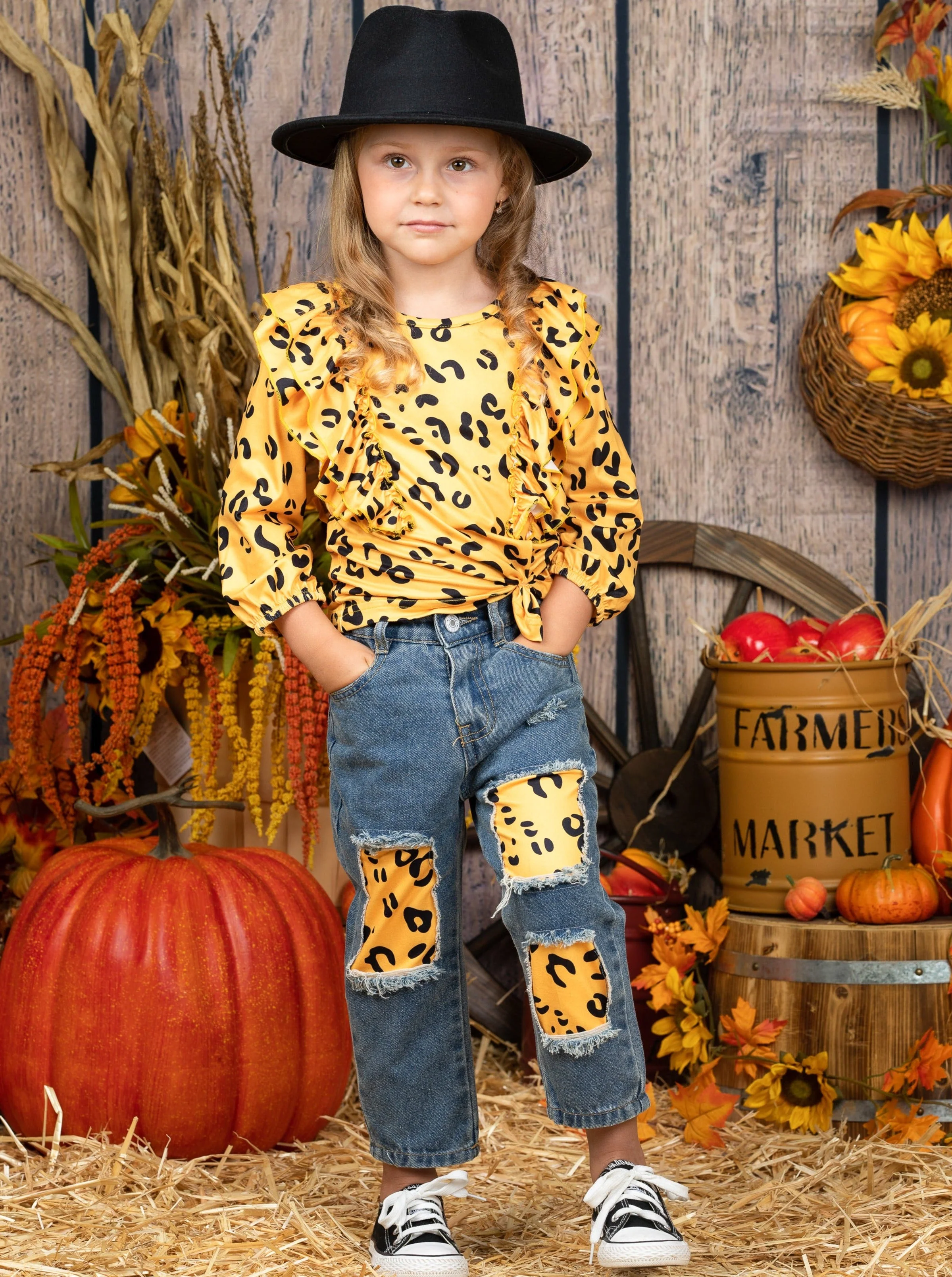 Golden Cub Ruffle Top and Patched Jeans Set - Image 4