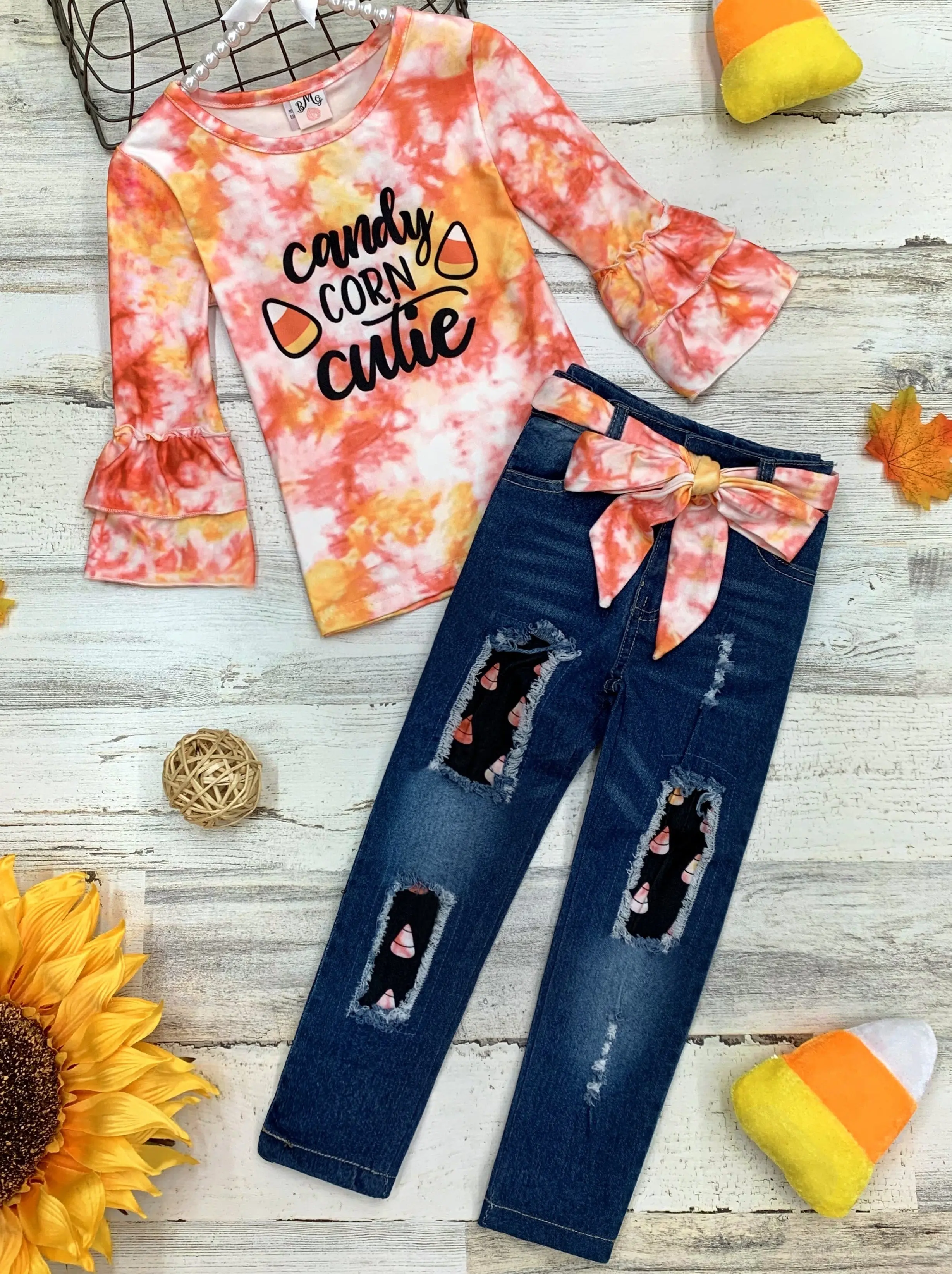 Candy Corn Cutie Top and Patched Jeans Set - Image 2