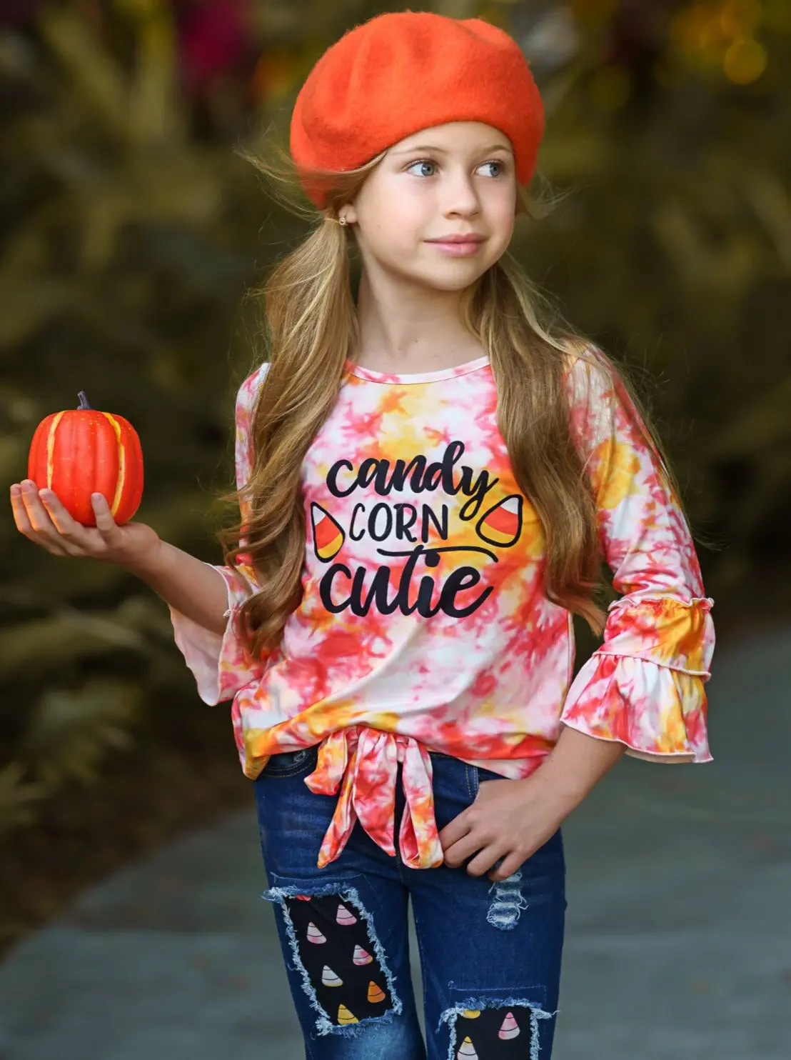 Candy Corn Cutie Top and Patched Jeans Set - Image 3